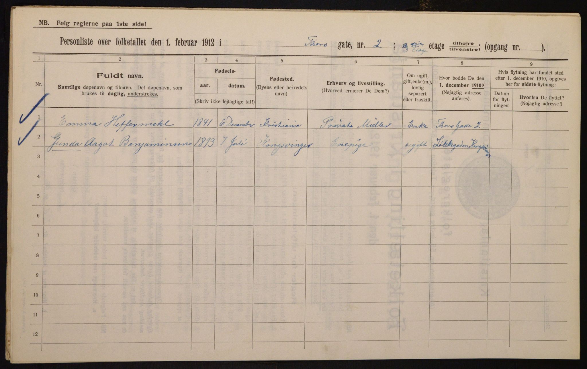 OBA, Kommunal folketelling 1.2.1912 for Kristiania, 1912, s. 114324