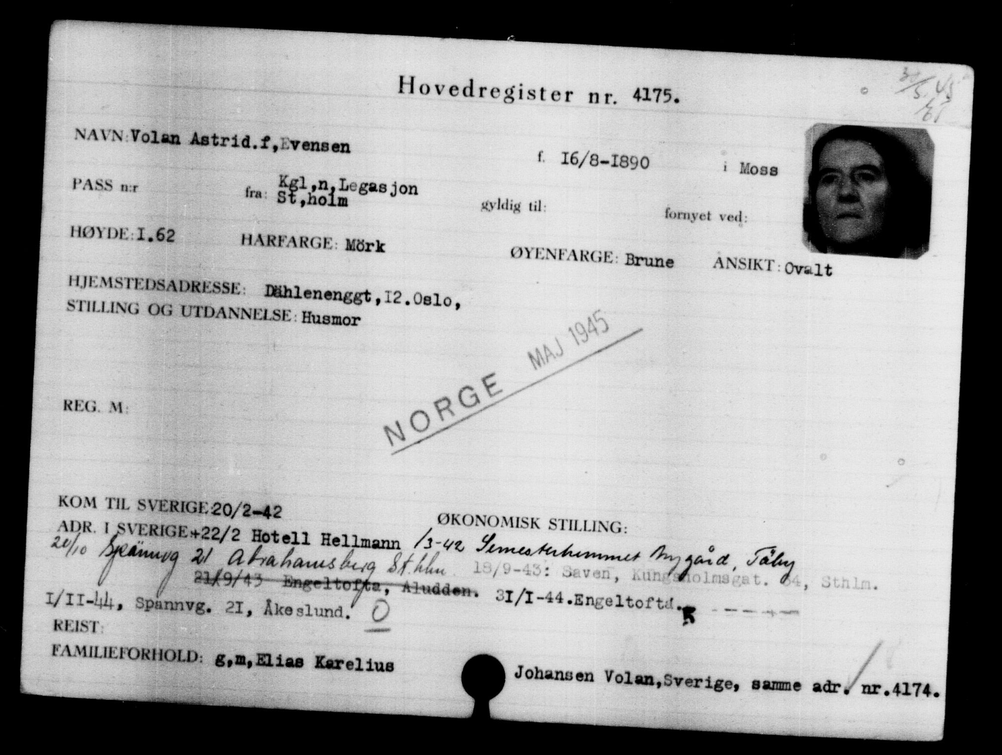 Utenriksstasjonene, Legasjonen i Stockholm, Flyktningkontoret, AV/RA-S-6753/V/Va/L0004: Kjesäterkartoteket, flyktninger med registreringsnr. 3496-6610, 1940-1945, s. 819
