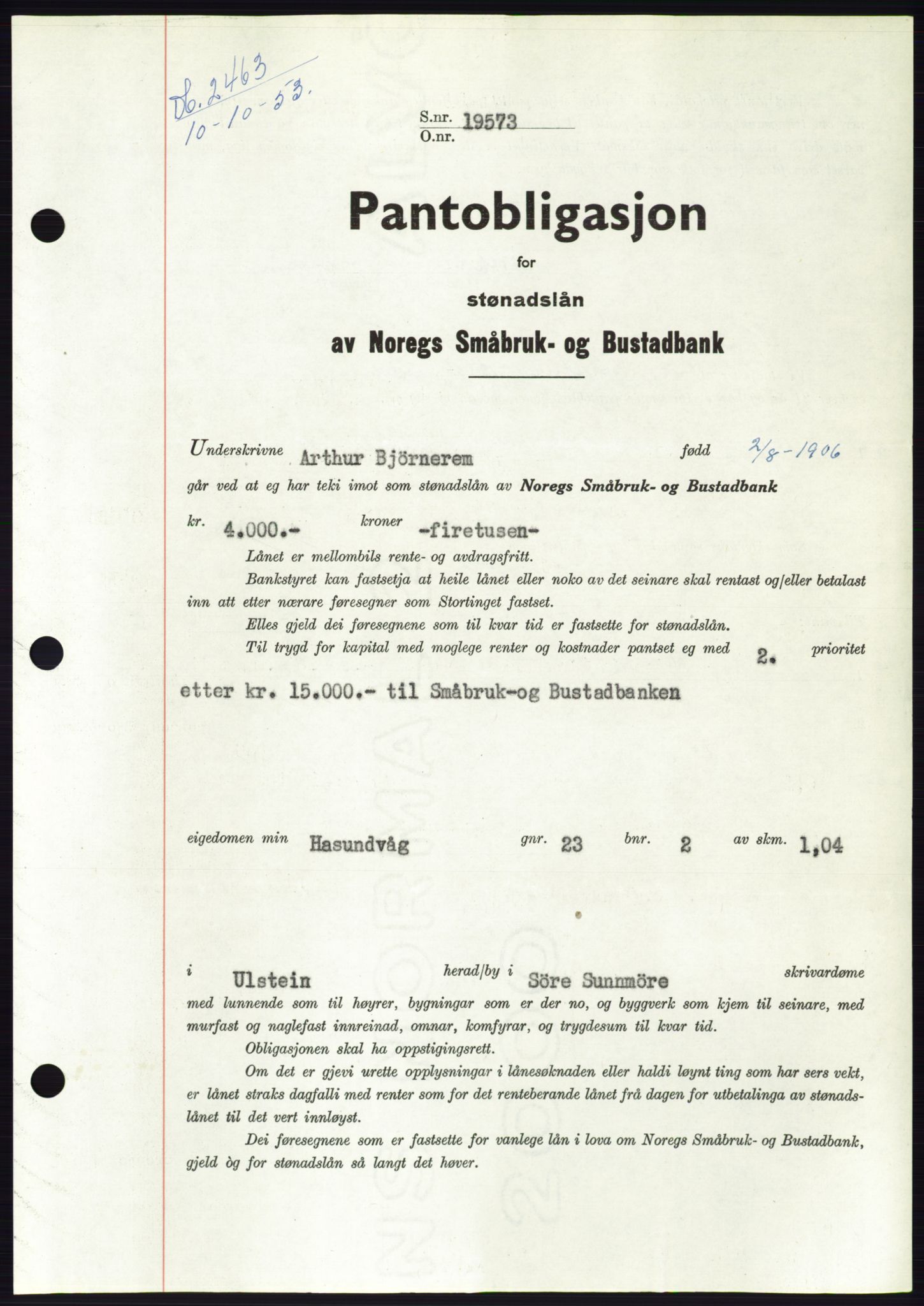 Søre Sunnmøre sorenskriveri, SAT/A-4122/1/2/2C/L0124: Pantebok nr. 12B, 1953-1954, Dagboknr: 2463/1953
