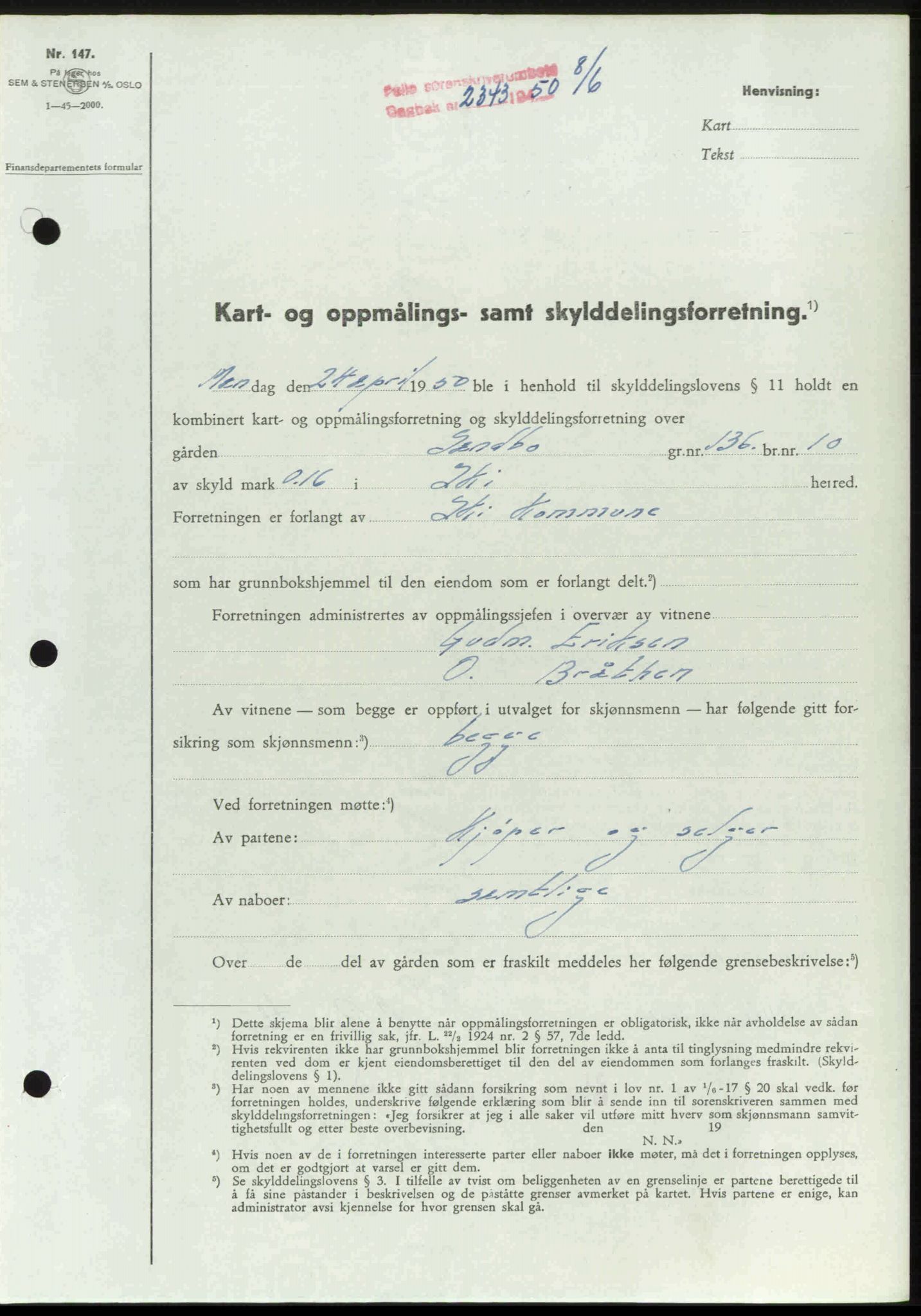 Follo sorenskriveri, SAO/A-10274/G/Ga/Gaa/L0092: Pantebok nr. I 92, 1950-1950, Dagboknr: 2343/1950