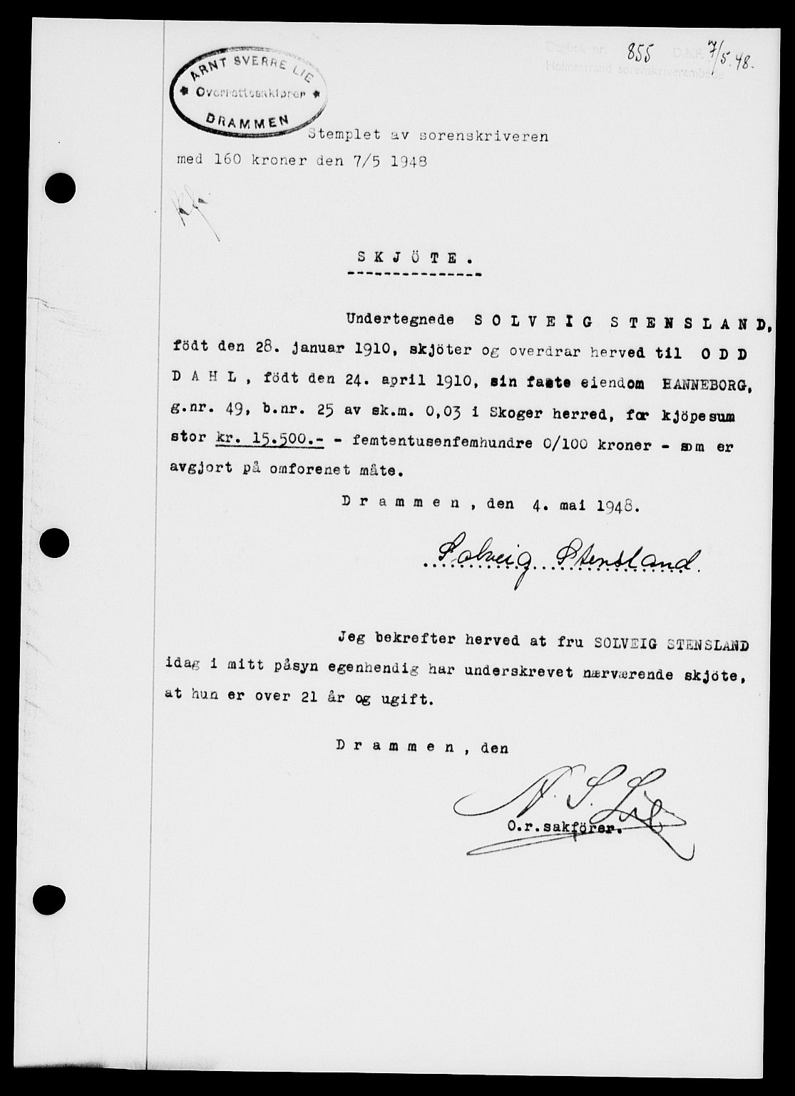 Holmestrand sorenskriveri, SAKO/A-67/G/Ga/Gaa/L0064: Pantebok nr. A-64, 1948-1948, Dagboknr: 855/1948