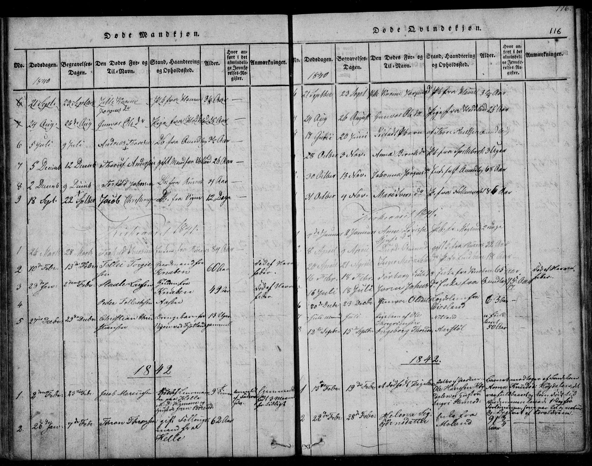 Fjotland sokneprestkontor, SAK/1111-0010/F/Fb/L0001: Klokkerbok nr. B 1, 1816-1849, s. 116