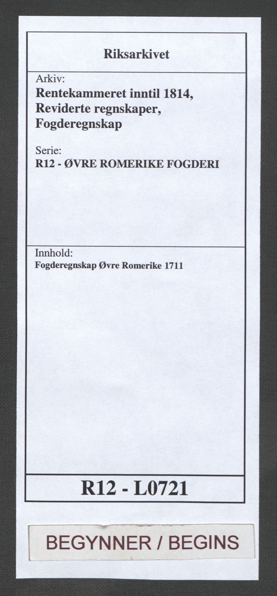 Rentekammeret inntil 1814, Reviderte regnskaper, Fogderegnskap, RA/EA-4092/R12/L0721: Fogderegnskap Øvre Romerike, 1711, s. 1