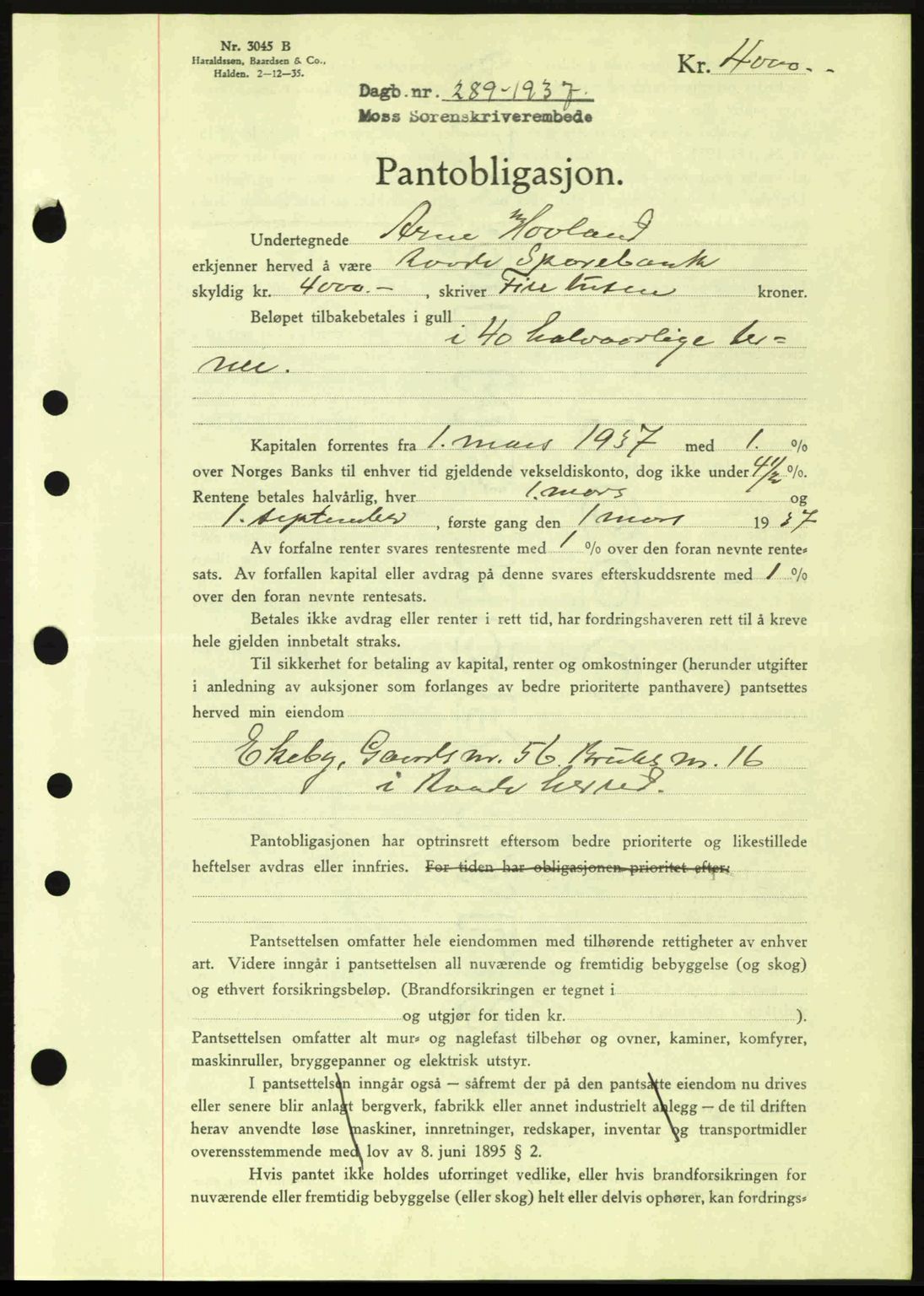 Moss sorenskriveri, SAO/A-10168: Pantebok nr. B3, 1937-1937, Dagboknr: 289/1937