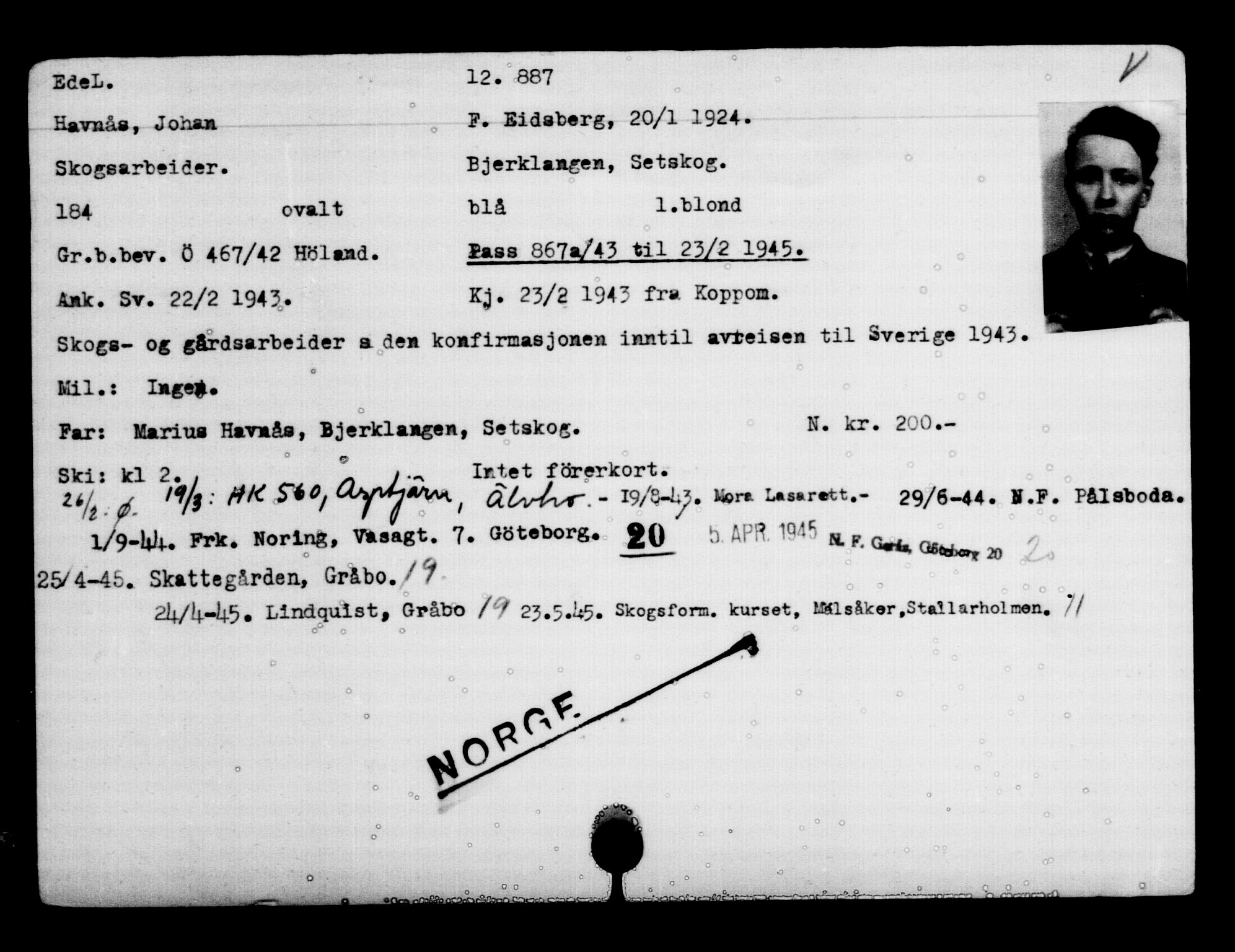 Utenriksstasjonene, Legasjonen i Stockholm, Flyktningkontoret, AV/RA-S-6753/V/Va/L0007: Kjesäterkartoteket, flyktninger med registreringsnr. 12700-15723, 1940-1945, s. 219