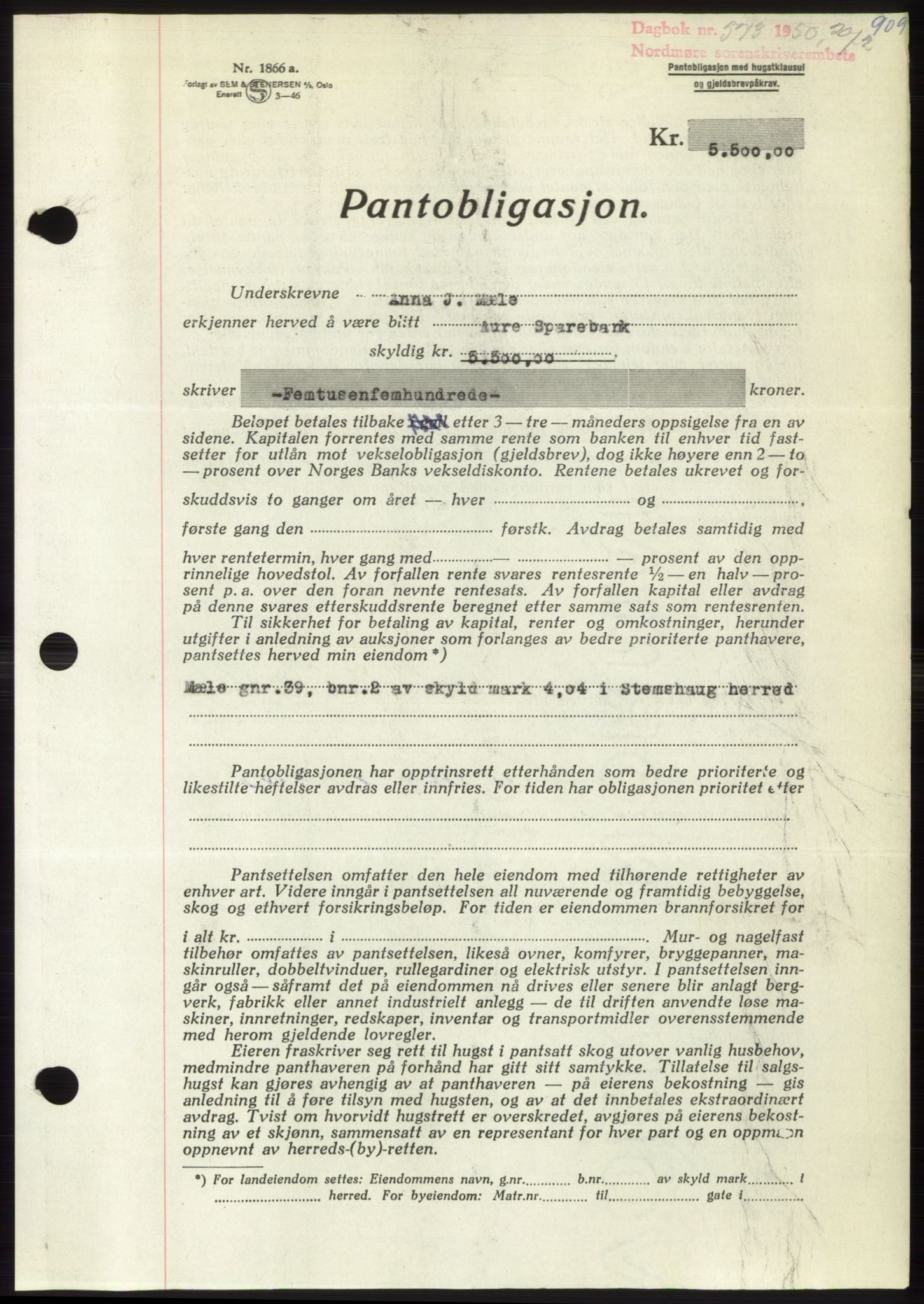 Nordmøre sorenskriveri, SAT/A-4132/1/2/2Ca: Pantebok nr. B103, 1949-1950, Dagboknr: 573/1950