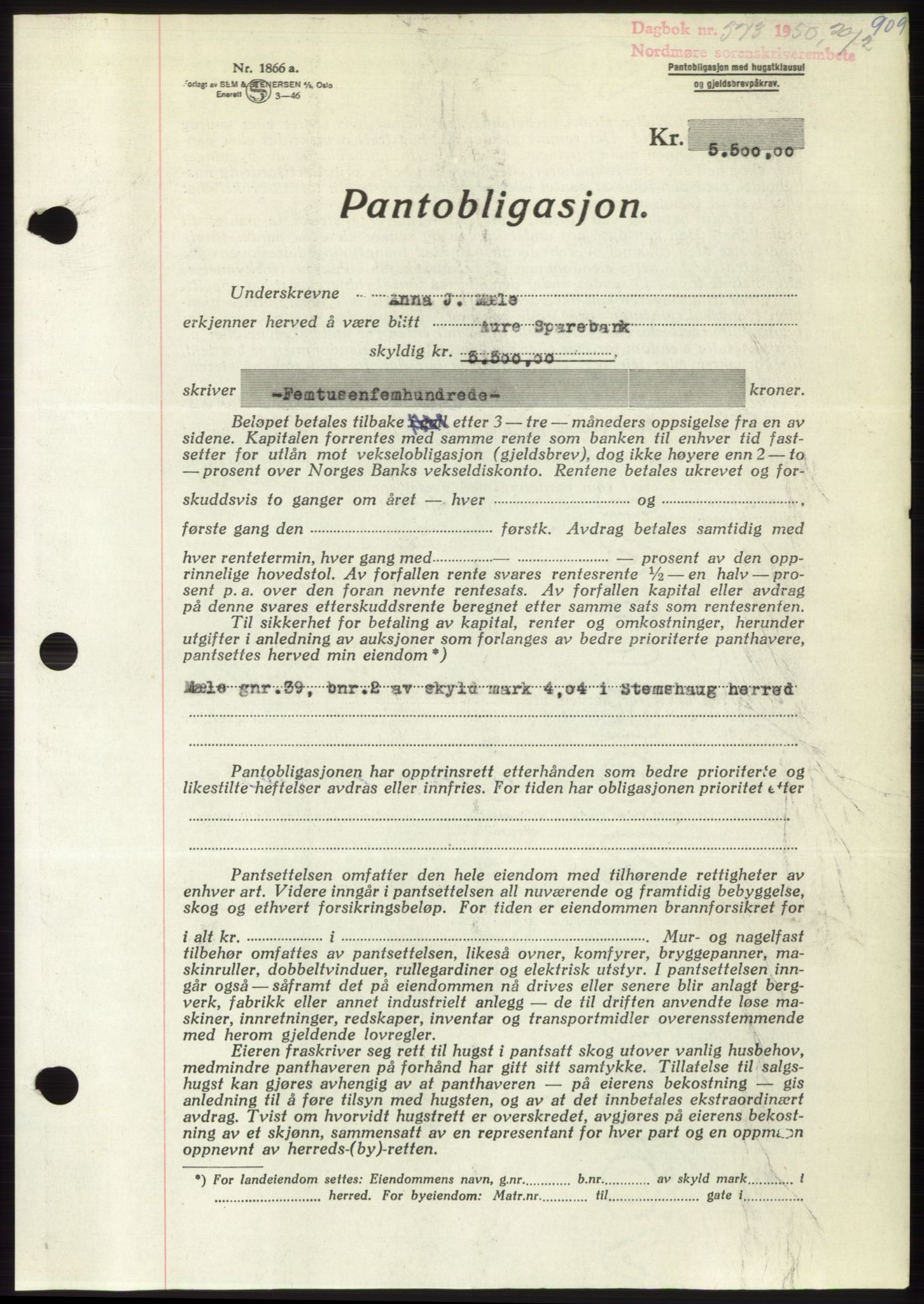 Nordmøre sorenskriveri, AV/SAT-A-4132/1/2/2Ca: Pantebok nr. B103, 1949-1950, Dagboknr: 573/1950