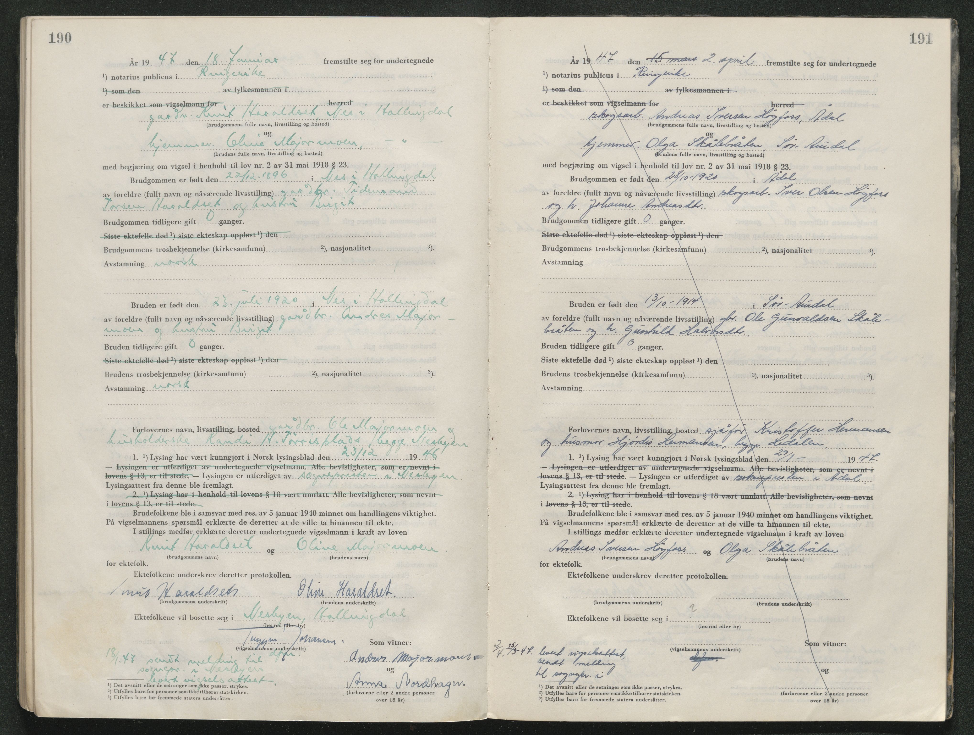 Ringerike sorenskriveri, SAKO/A-105/L/Lc/L0004: Vigselsbok, 1944-1947, s. 190-191