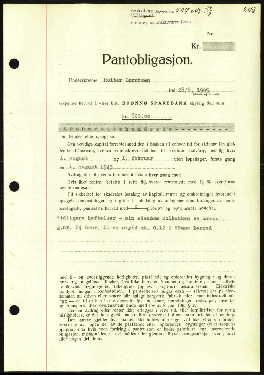 Brønnøy sorenskriveri, SAT/A-4170/1/2/2C: Pantebok nr. 23, 1943-1944, Dagboknr: 597/1943