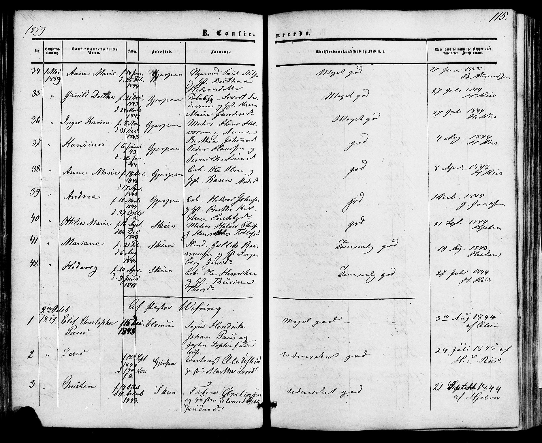 Skien kirkebøker, AV/SAKO-A-302/F/Fa/L0007: Ministerialbok nr. 7, 1856-1865, s. 115