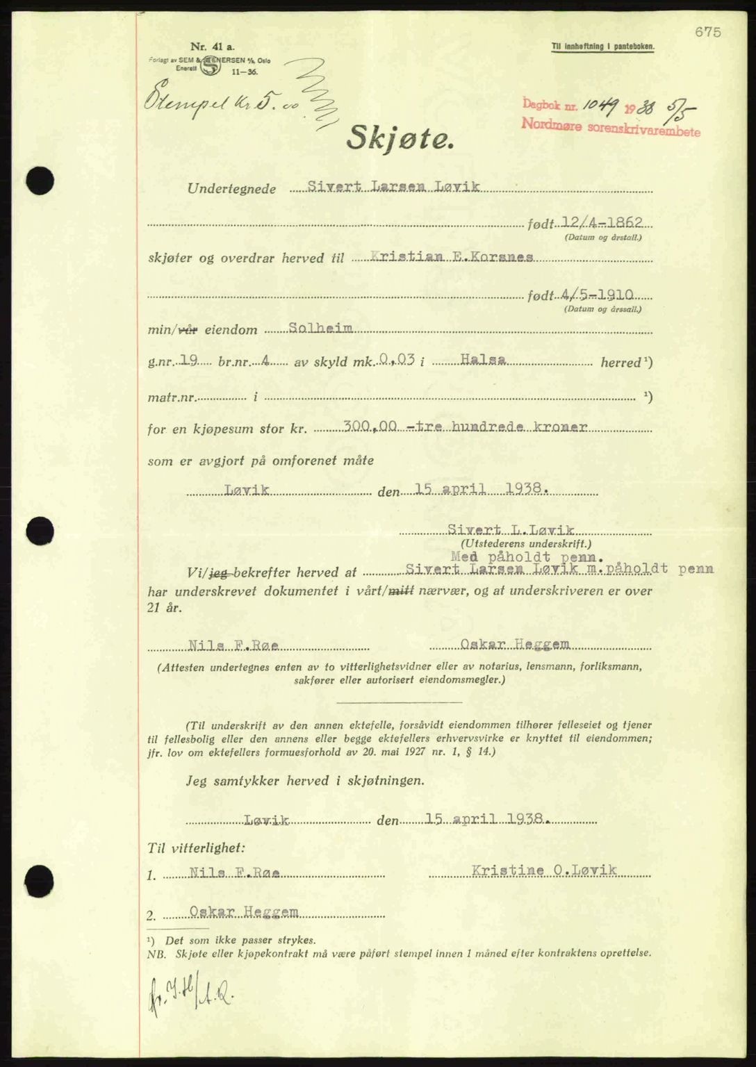 Nordmøre sorenskriveri, SAT/A-4132/1/2/2Ca: Pantebok nr. A83, 1938-1938, Dagboknr: 1049/1938