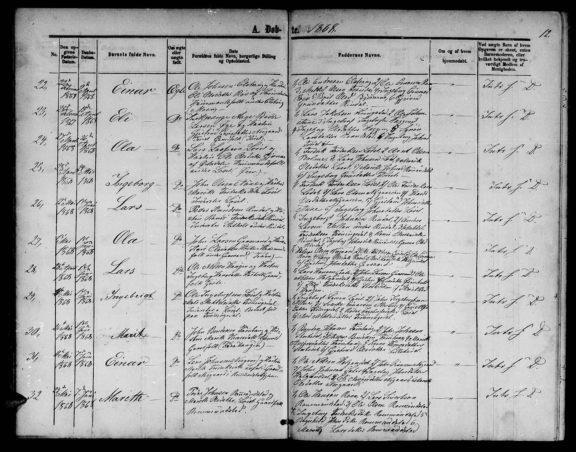 Ministerialprotokoller, klokkerbøker og fødselsregistre - Møre og Romsdal, AV/SAT-A-1454/598/L1076: Klokkerbok nr. 598C01, 1867-1878, s. 12