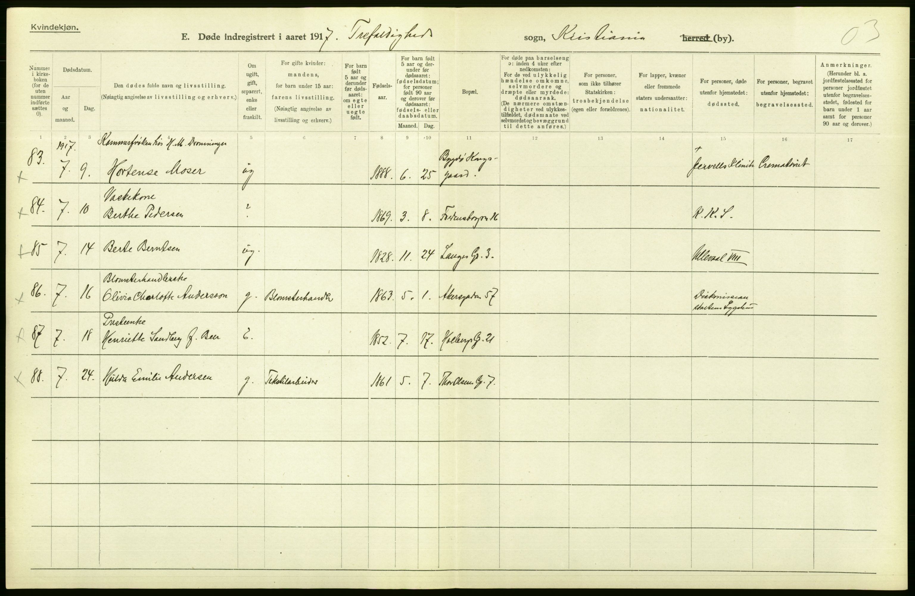 Statistisk sentralbyrå, Sosiodemografiske emner, Befolkning, AV/RA-S-2228/D/Df/Dfb/Dfbg/L0010: Kristiania: Døde, 1917, s. 44