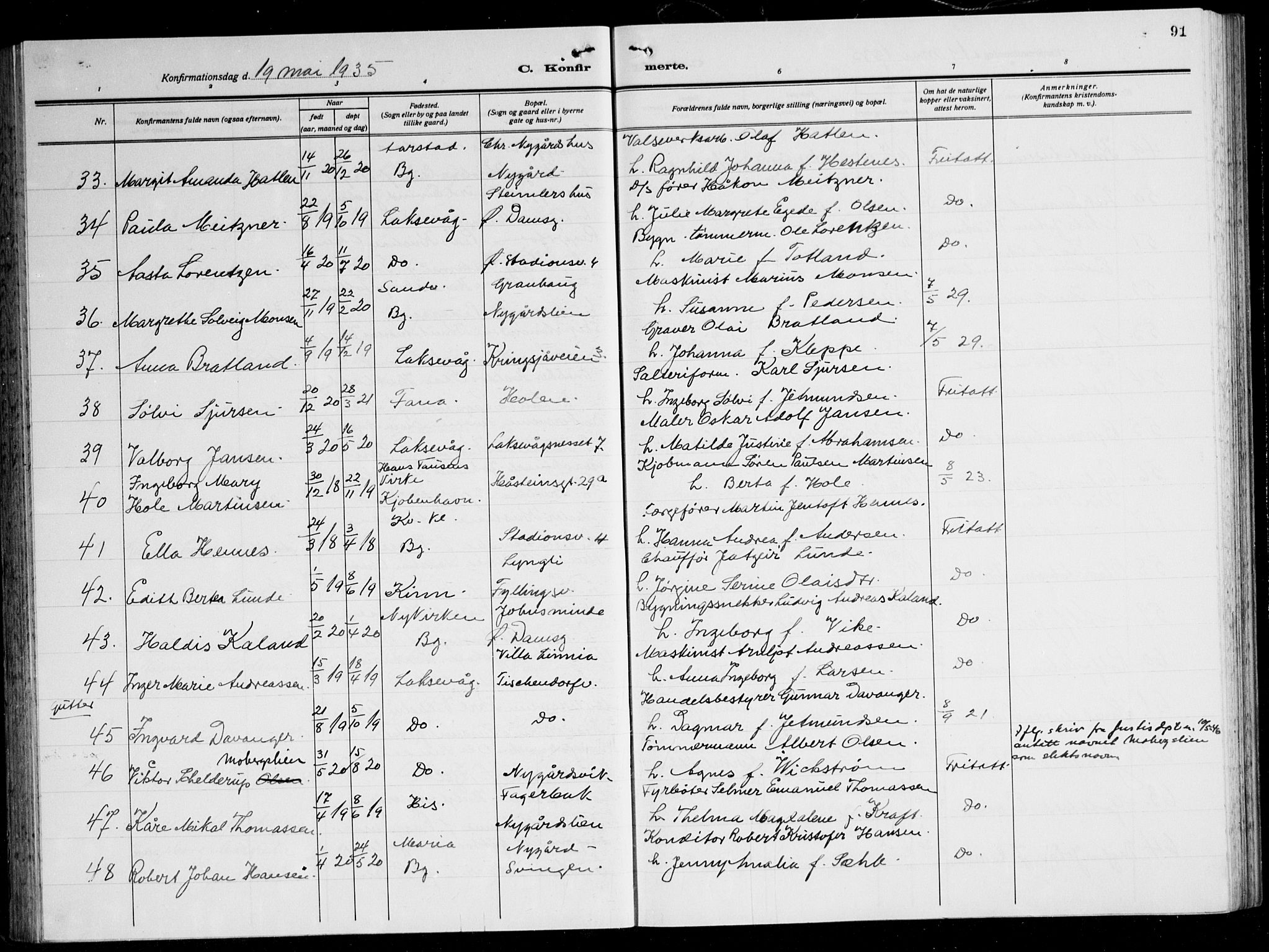 Laksevåg Sokneprestembete, AV/SAB-A-76501/H/Ha/Hab/Haba: Klokkerbok nr. A 10, 1925-1942, s. 91