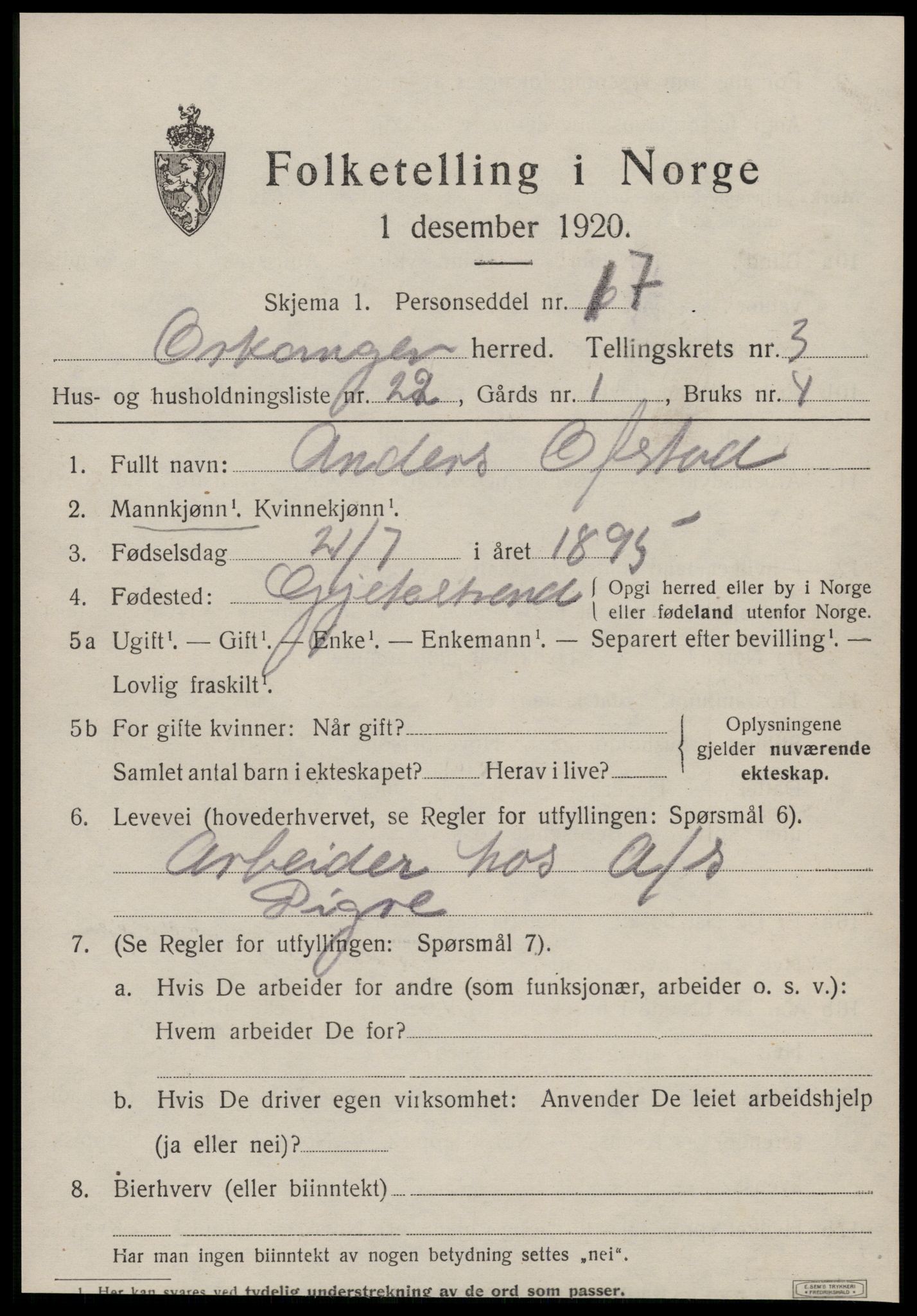 SAT, Folketelling 1920 for 1639 Orkanger herred, 1920, s. 2105
