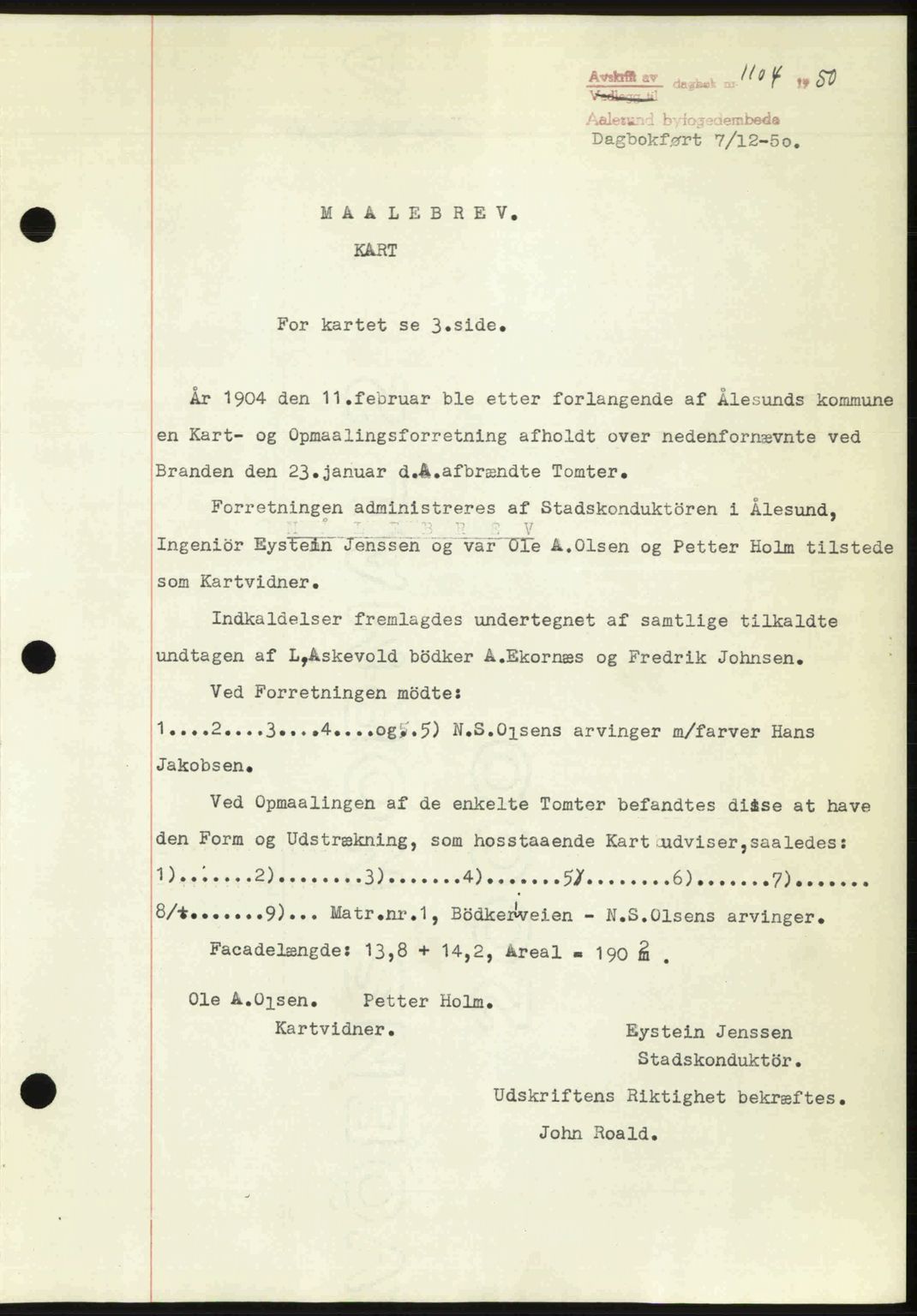 Ålesund byfogd, AV/SAT-A-4384: Pantebok nr. 37A (2), 1949-1950, Dagboknr: 1104/1950