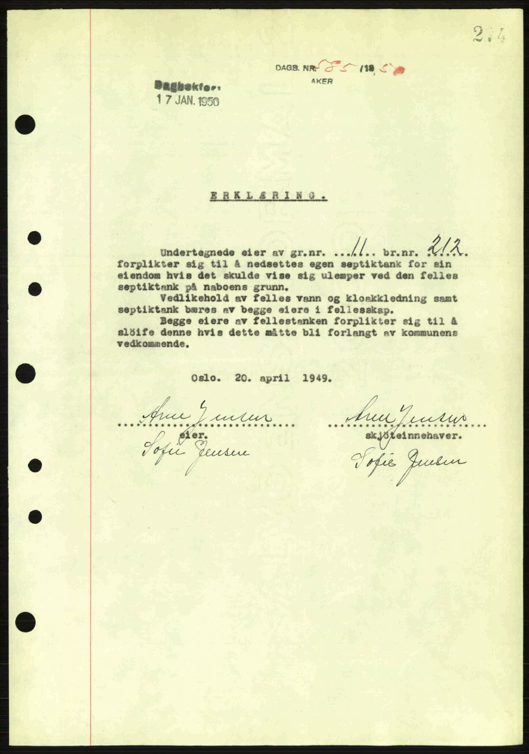 Oslo byskriverembete, AV/SAO-A-10227/G/Gb/Gbd/Gbda/L0017: Pantebok nr. A215, 1949-1950, Dagboknr: 585/1950