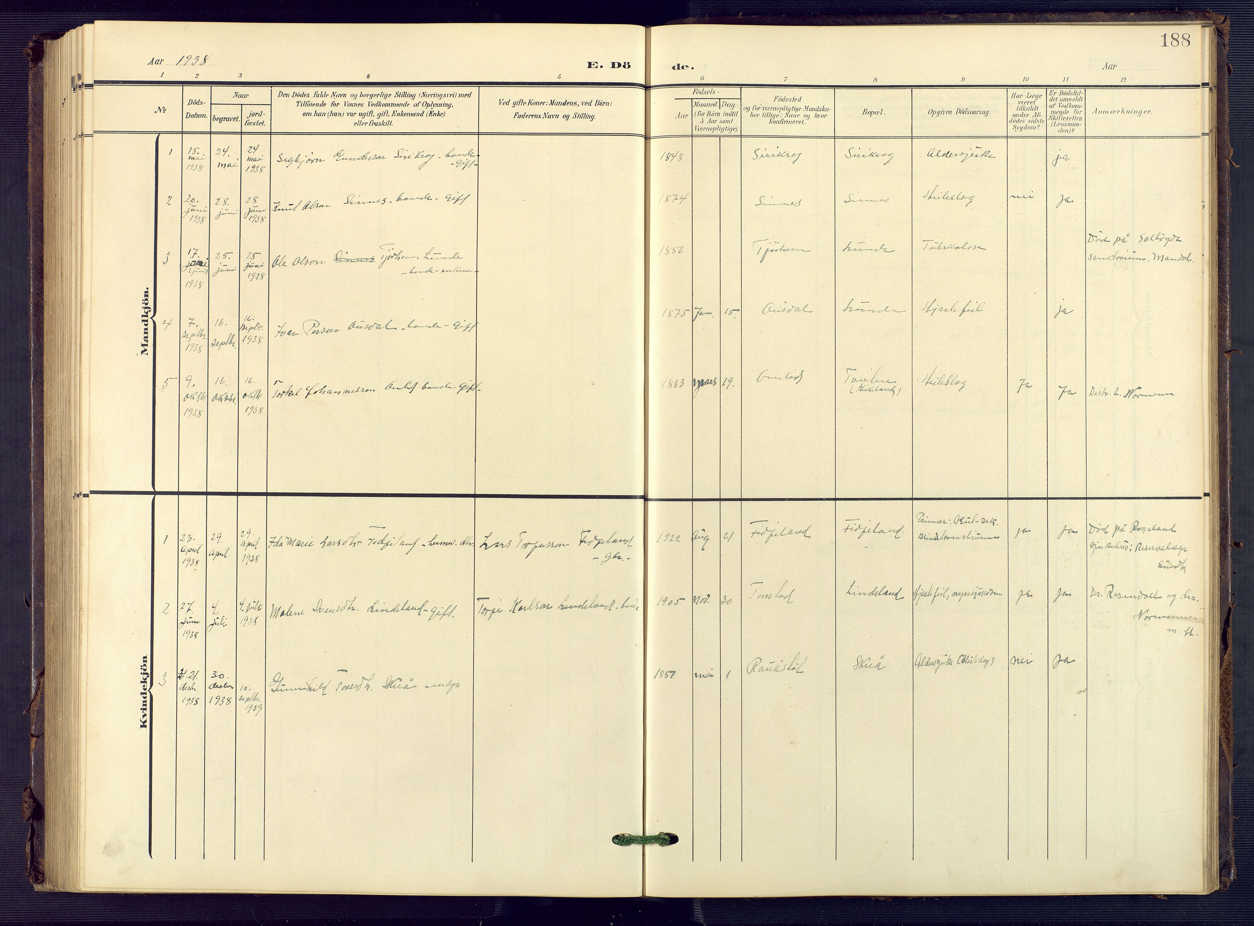 Sirdal sokneprestkontor, SAK/1111-0036/F/Fb/Fba/L0002: Klokkerbok nr. B 2, 1905-1958, s. 188