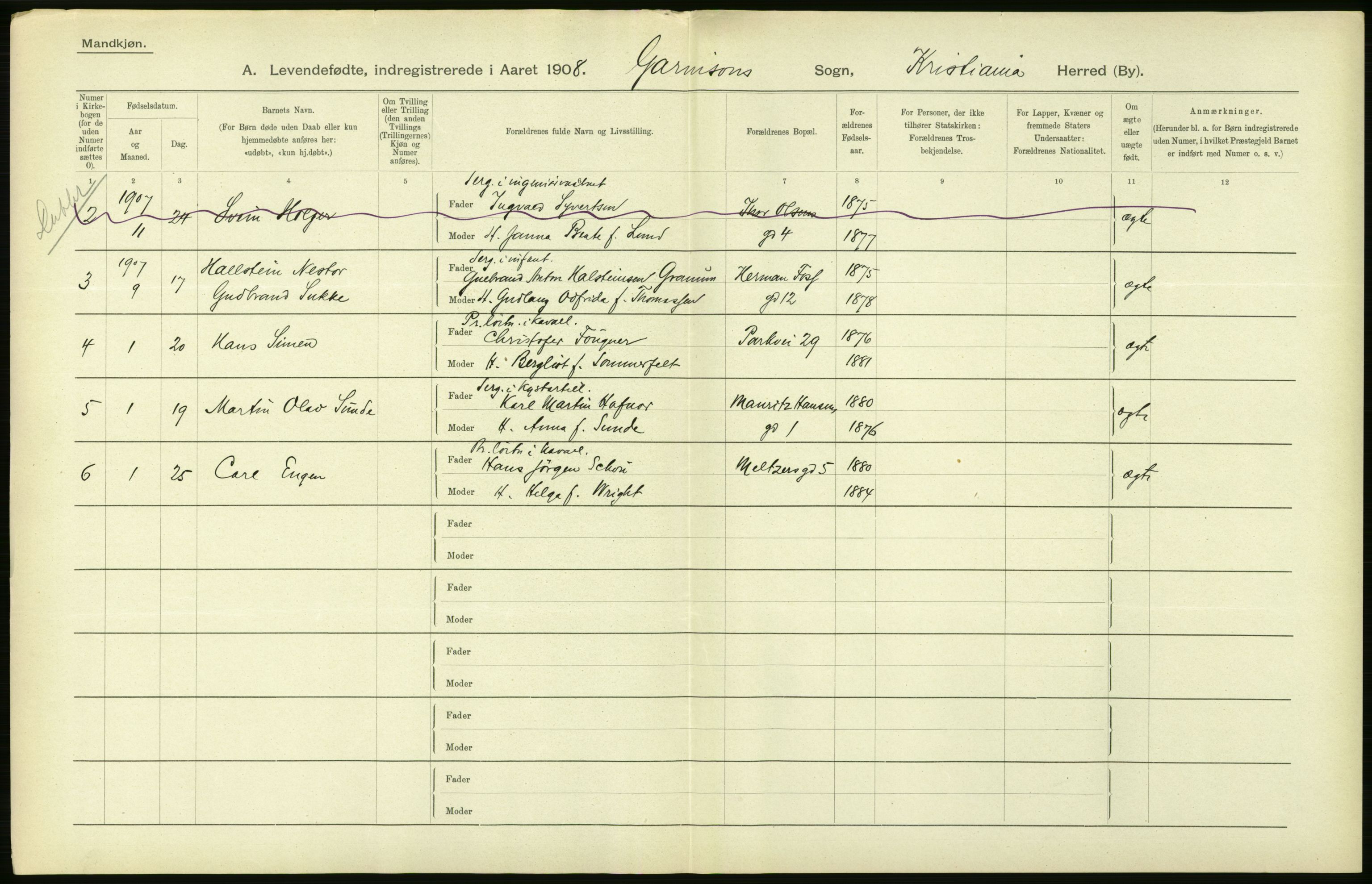 Statistisk sentralbyrå, Sosiodemografiske emner, Befolkning, AV/RA-S-2228/D/Df/Dfa/Dfaf/L0005: Kristiania: Levendefødte menn og kvinner., 1908, s. 500