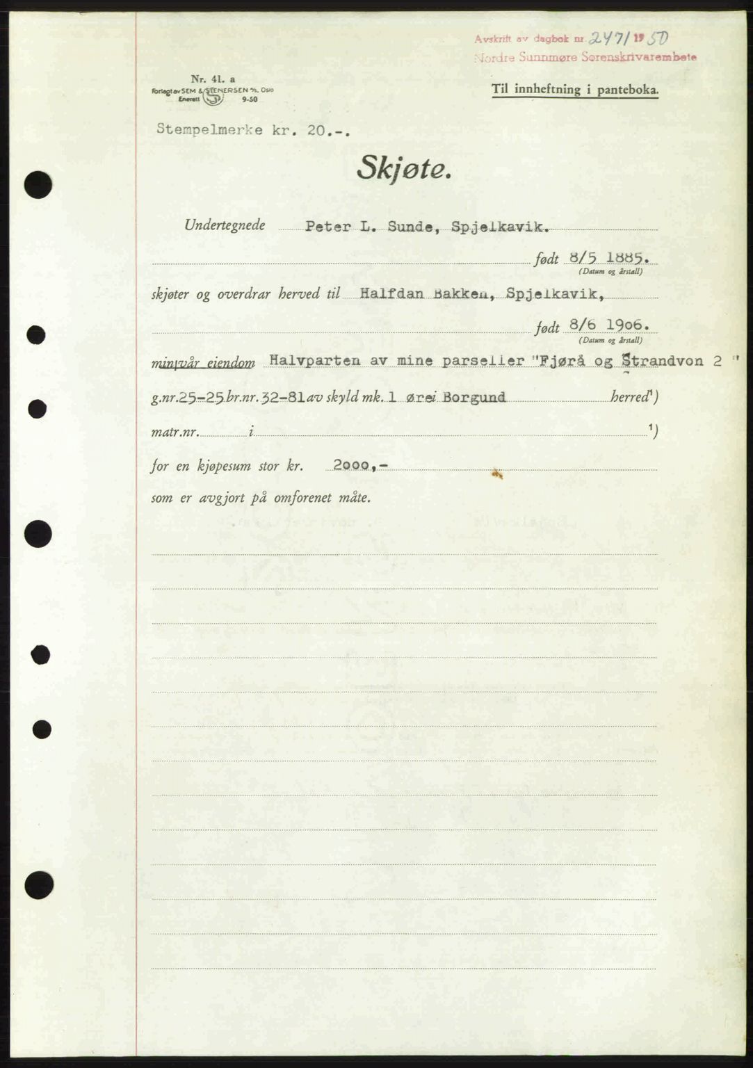 Nordre Sunnmøre sorenskriveri, AV/SAT-A-0006/1/2/2C/2Ca: Pantebok nr. A36, 1950-1950, Dagboknr: 2471/1950