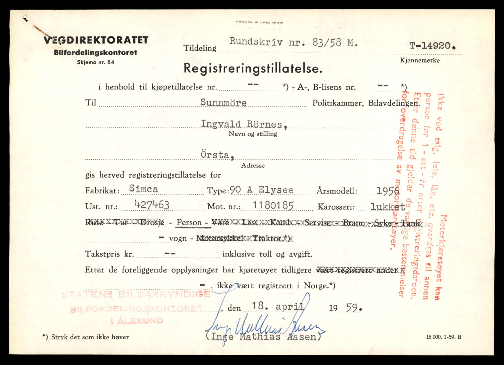Møre og Romsdal vegkontor - Ålesund trafikkstasjon, AV/SAT-A-4099/F/Fe/L0049: Registreringskort for kjøretøy T 14864 - T 18613, 1927-1998, s. 1279