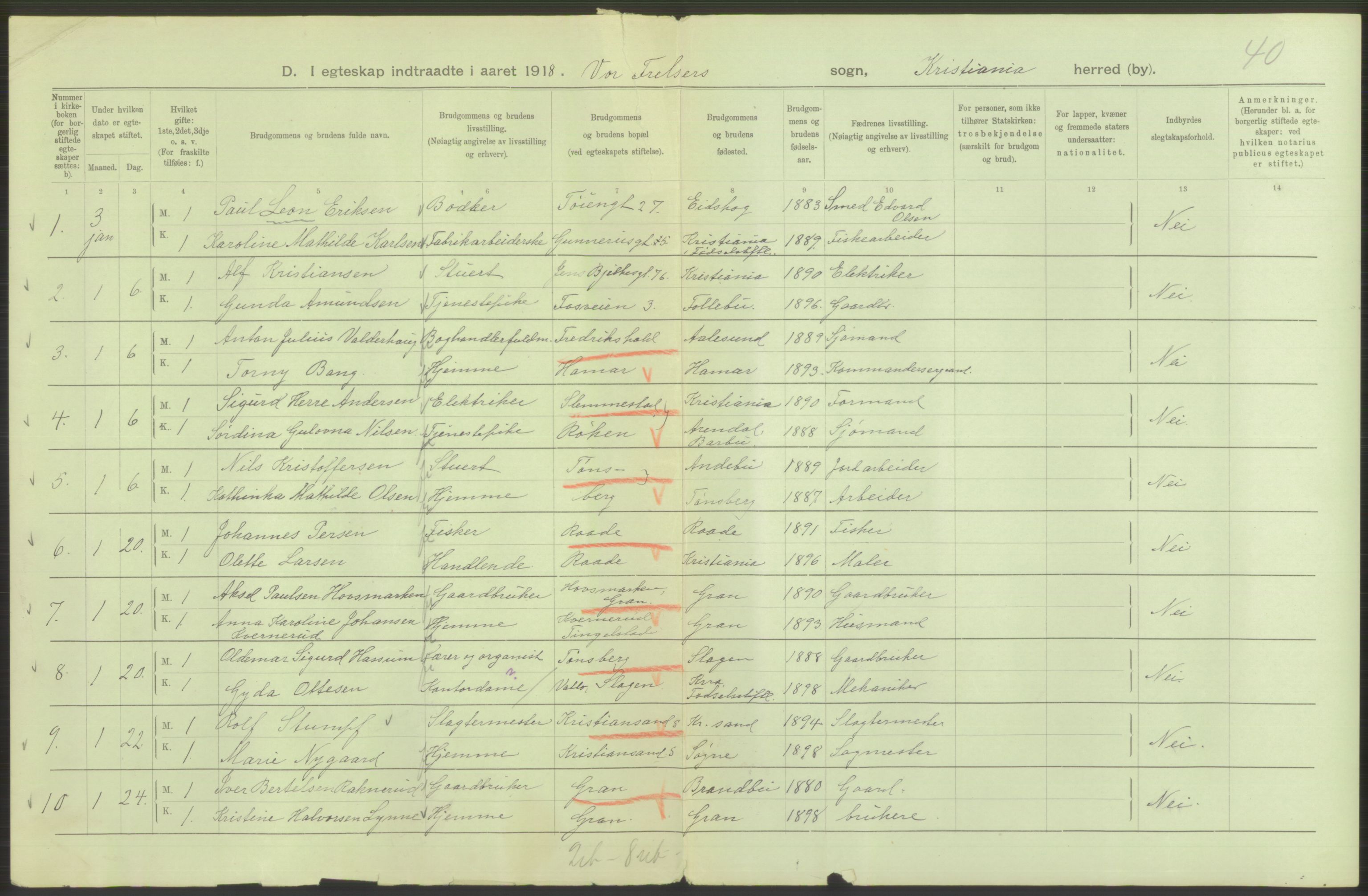 Statistisk sentralbyrå, Sosiodemografiske emner, Befolkning, RA/S-2228/D/Df/Dfb/Dfbh/L0009: Kristiania: Gifte, 1918, s. 44