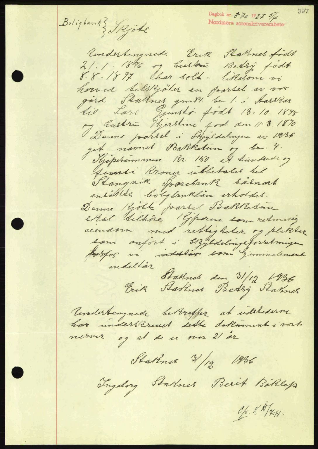 Nordmøre sorenskriveri, SAT/A-4132/1/2/2Ca: Pantebok nr. A81, 1937-1937, Dagboknr: 870/1937