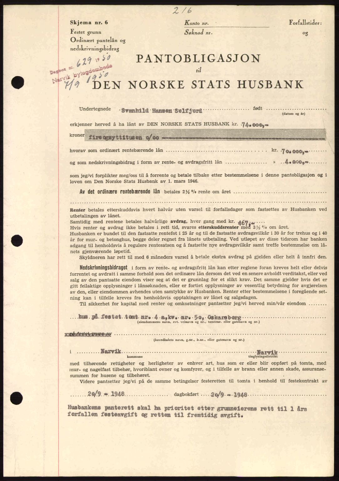 Narvik sorenskriveri, SAT/A-0002/1/2/2C/2Ca: Pantebok nr. A26, 1950-1950, Dagboknr: 629/1950