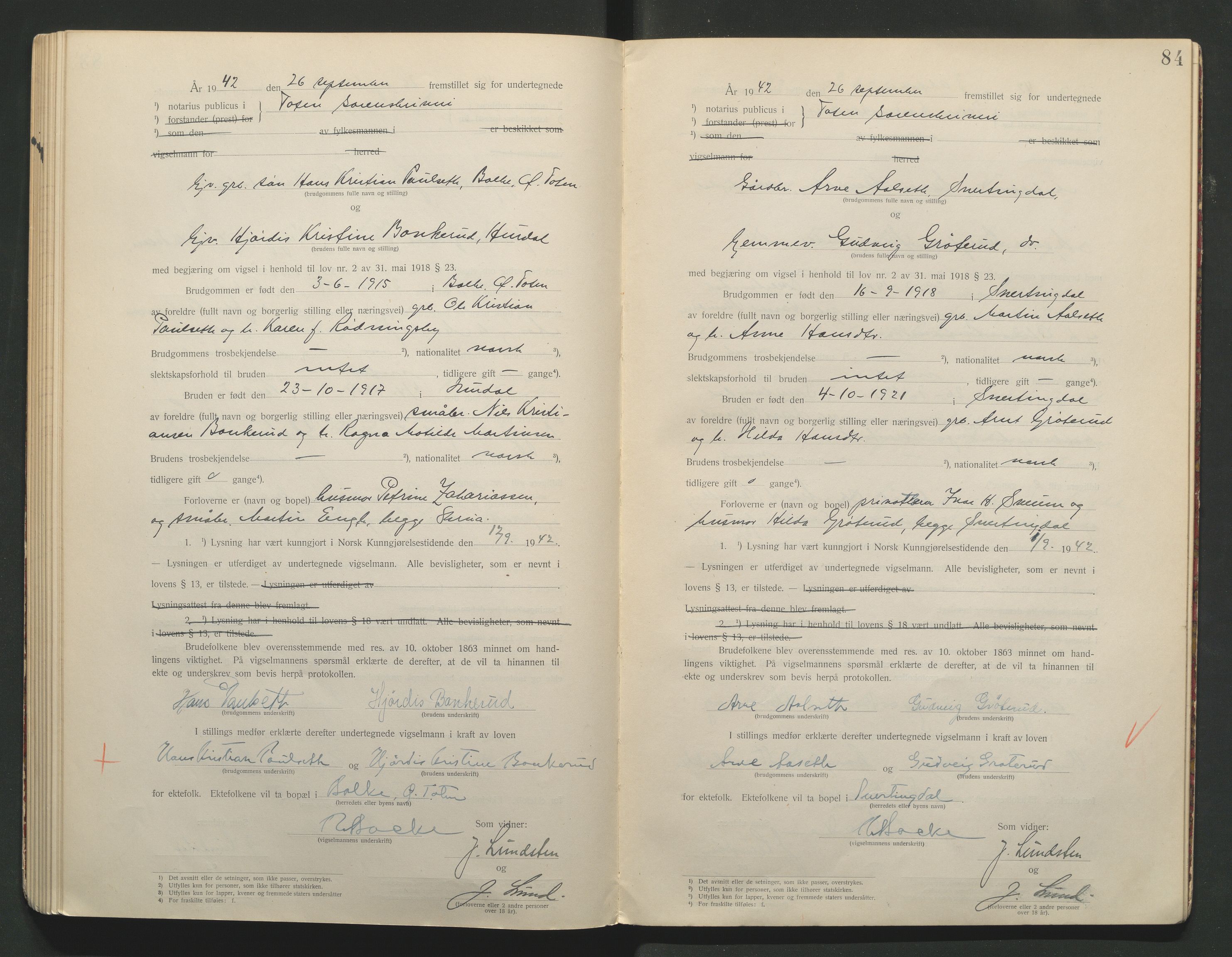 Toten tingrett, AV/SAH-TING-006/L/Lc/L0001: Vigselbok, 1920-1942, s. 84