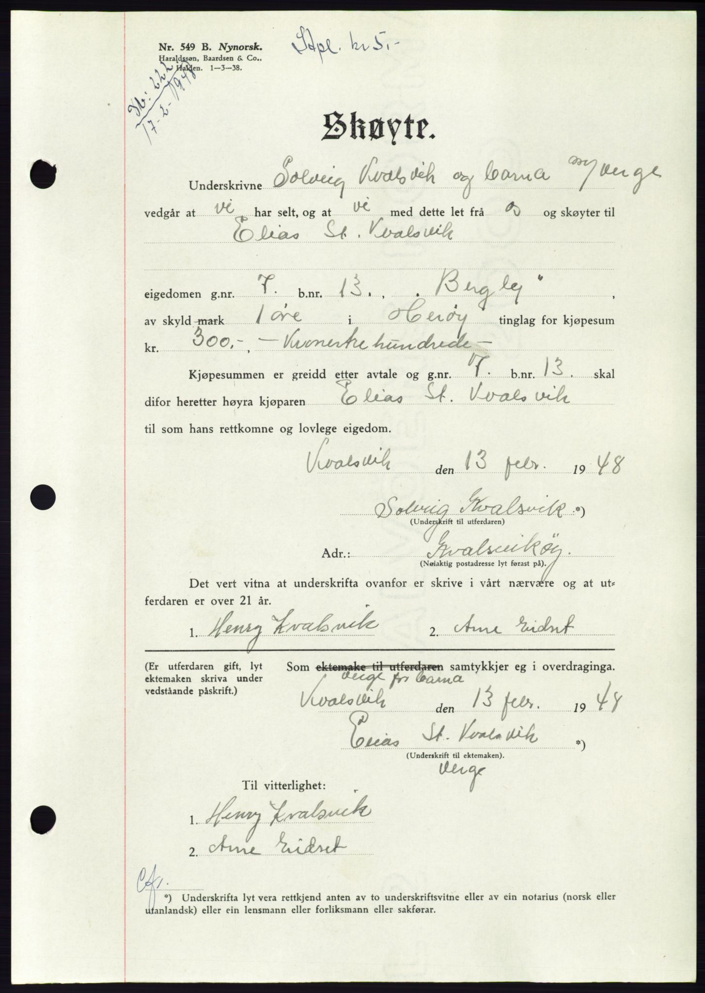 Søre Sunnmøre sorenskriveri, SAT/A-4122/1/2/2C/L0082: Pantebok nr. 8A, 1948-1948, Dagboknr: 222/1948