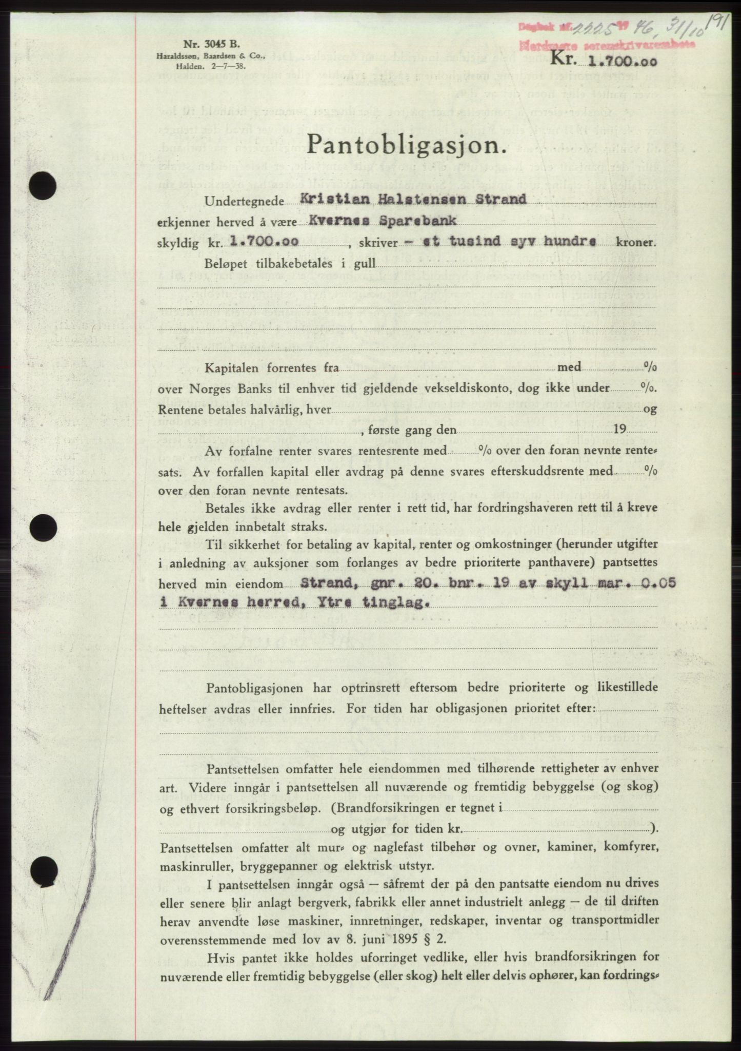 Nordmøre sorenskriveri, SAT/A-4132/1/2/2Ca: Pantebok nr. B95, 1946-1947, Dagboknr: 2225/1946