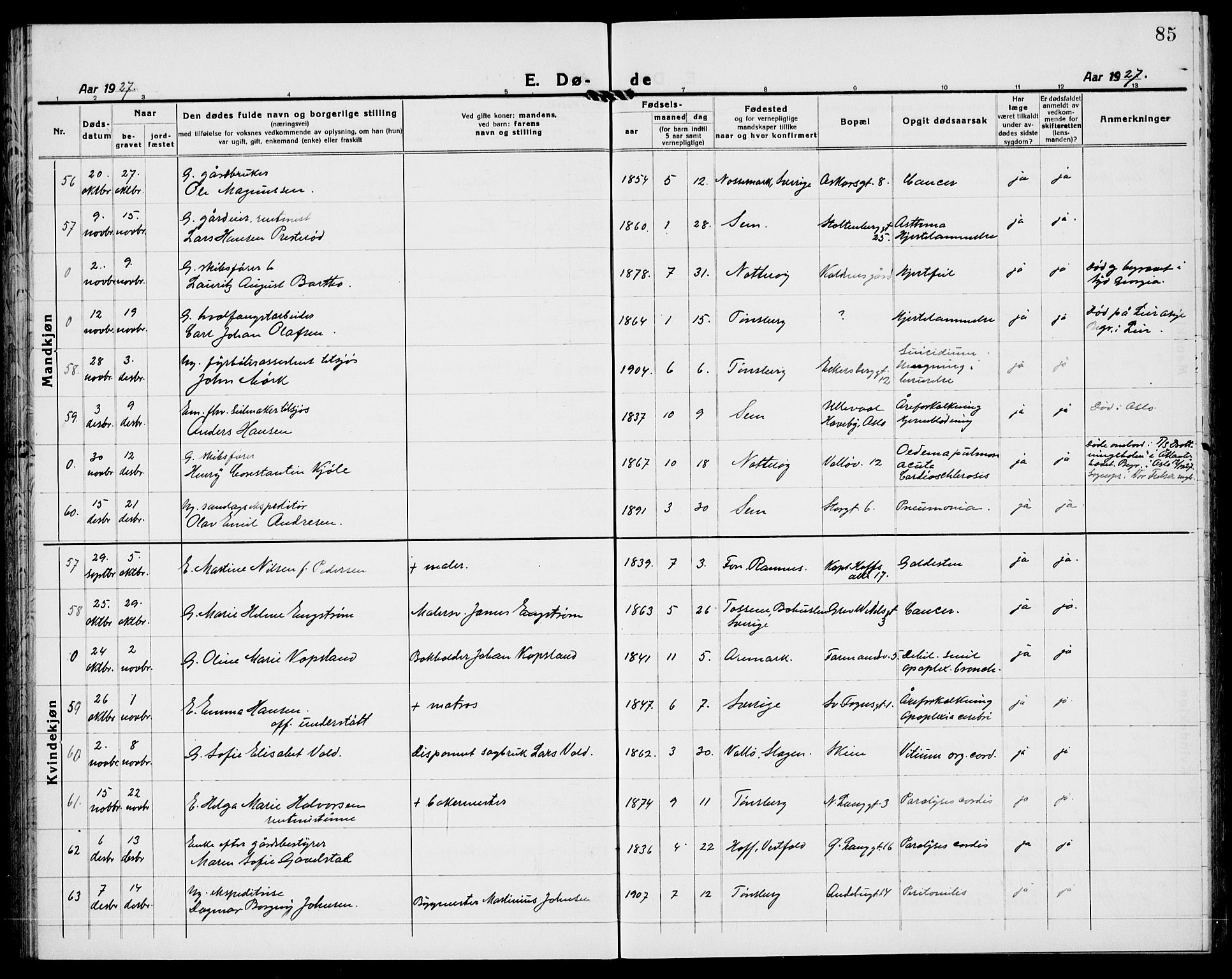 Tønsberg kirkebøker, AV/SAKO-A-330/G/Ga/L0018: Klokkerbok nr. 18, 1920-1935, s. 85