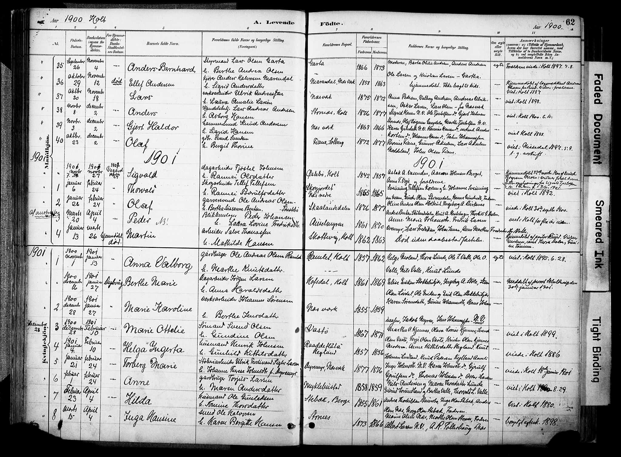 Holt sokneprestkontor, AV/SAK-1111-0021/F/Fa/L0012: Ministerialbok nr. A 12, 1885-1907, s. 62