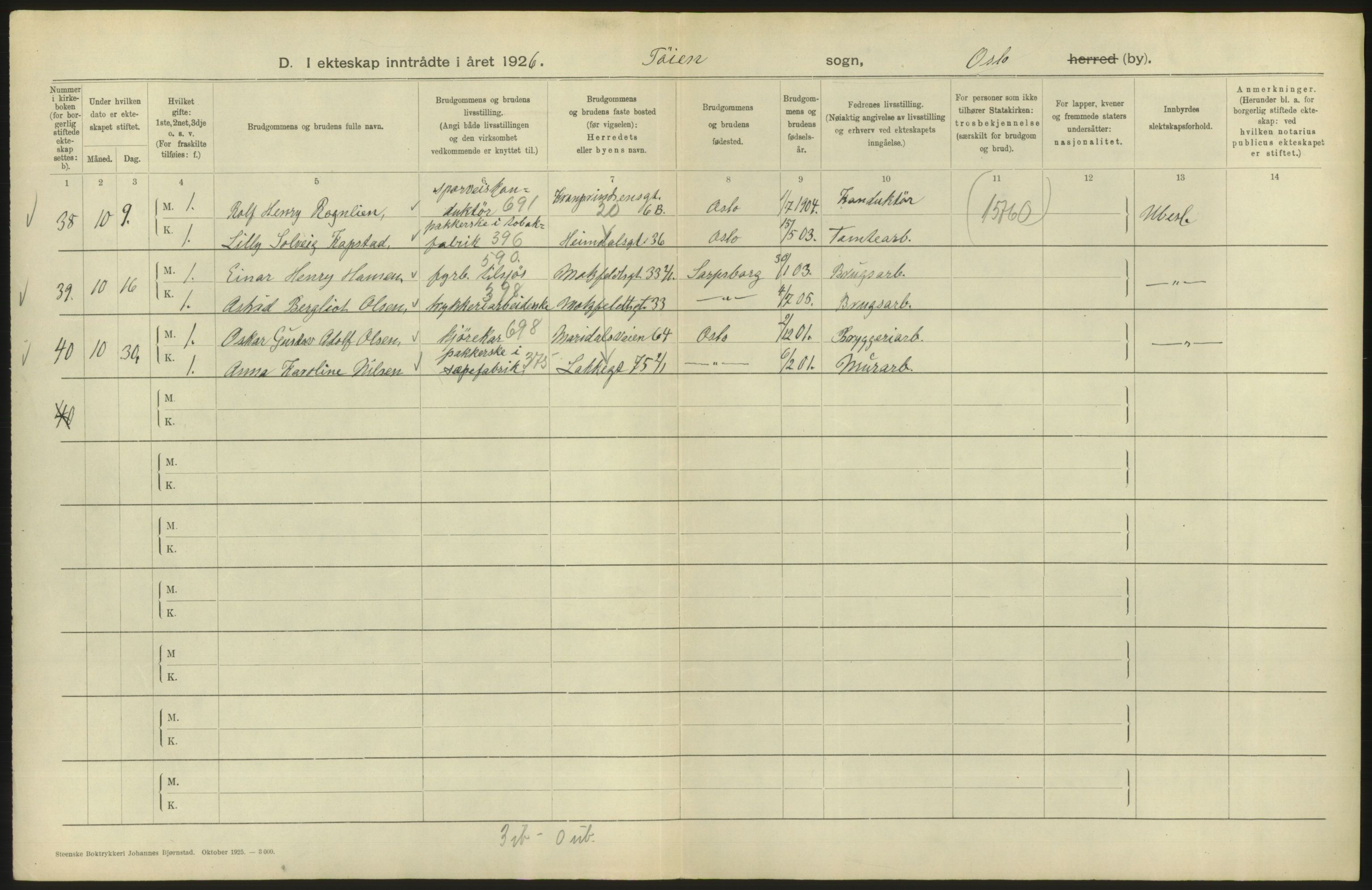 Statistisk sentralbyrå, Sosiodemografiske emner, Befolkning, AV/RA-S-2228/D/Df/Dfc/Dfcf/L0008: Oslo: Gifte, 1926, s. 718