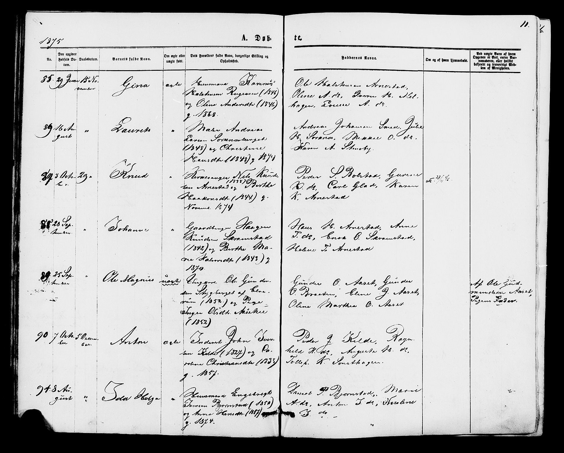 Åmot prestekontor, Hedmark, AV/SAH-PREST-056/H/Ha/Haa/L0009: Ministerialbok nr. 9, 1875-1883, s. 11