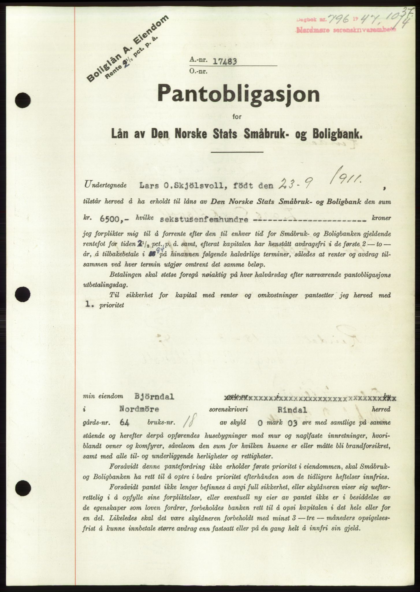 Nordmøre sorenskriveri, SAT/A-4132/1/2/2Ca: Pantebok nr. B96, 1947-1947, Dagboknr: 796/1947