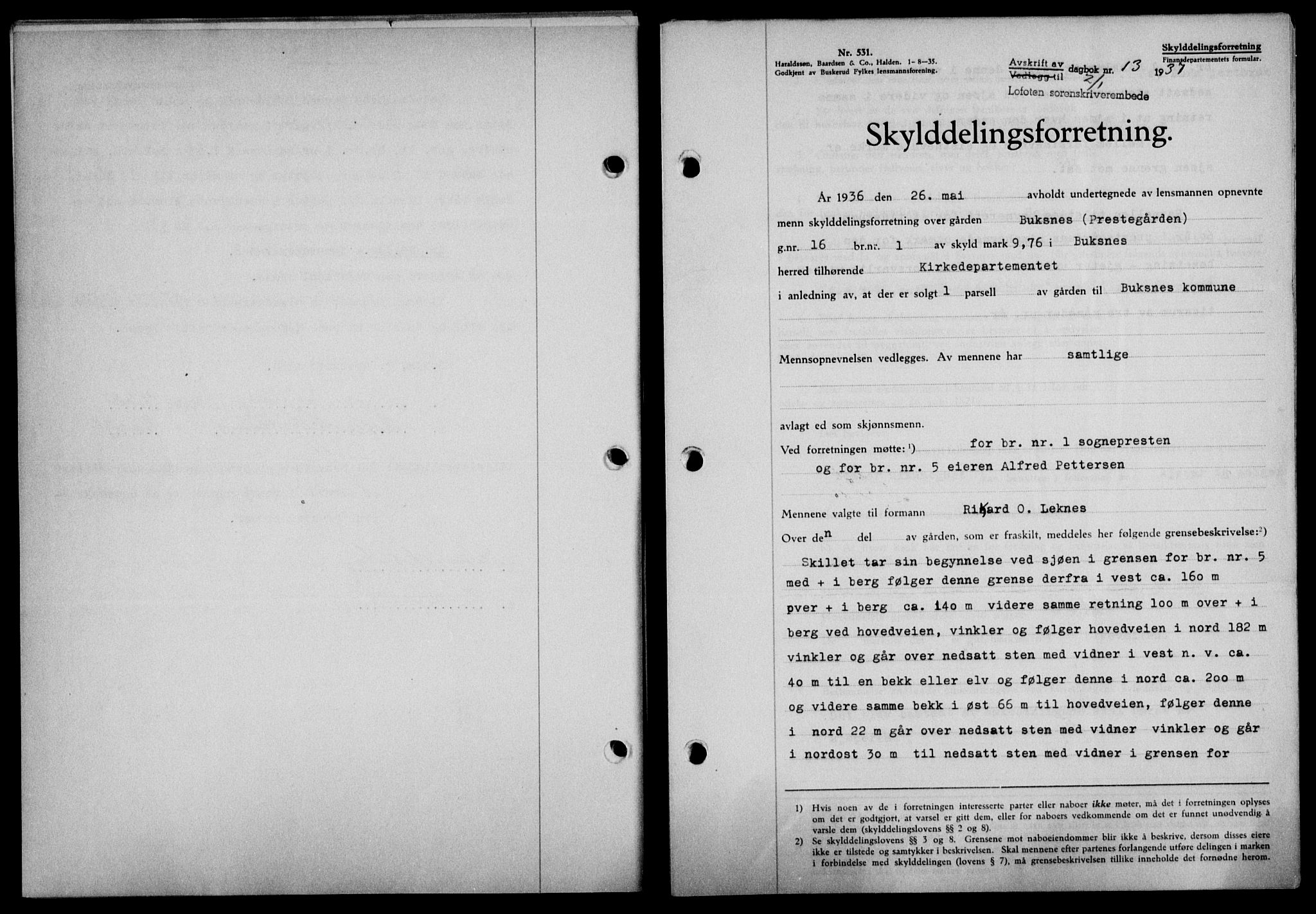 Lofoten sorenskriveri, SAT/A-0017/1/2/2C/L0001a: Pantebok nr. 1a, 1936-1937, Dagboknr: 13/1937