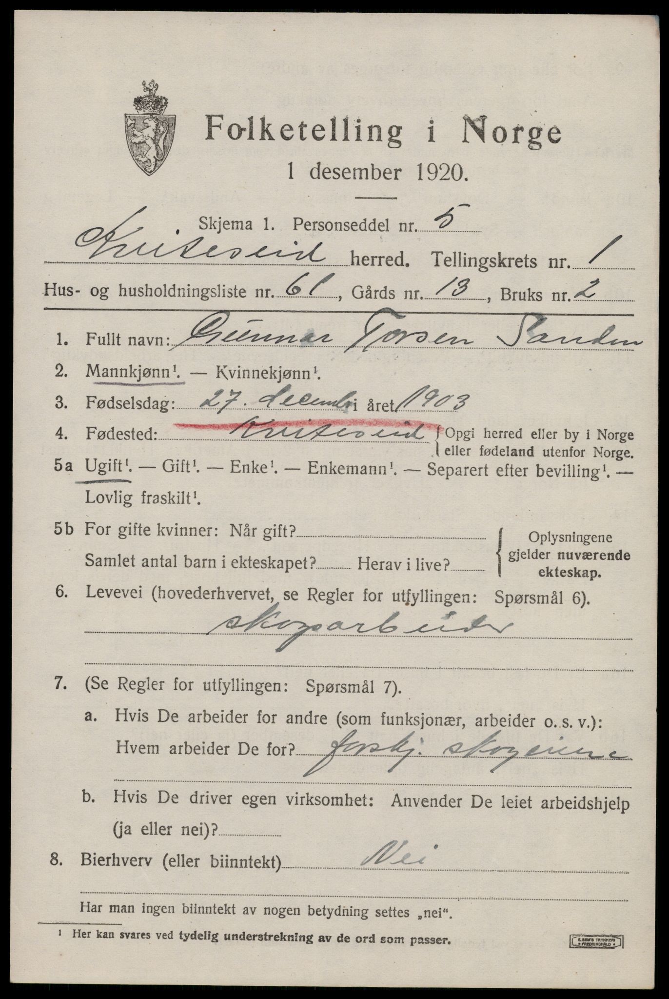 SAKO, Folketelling 1920 for 0829 Kviteseid herred, 1920, s. 2065