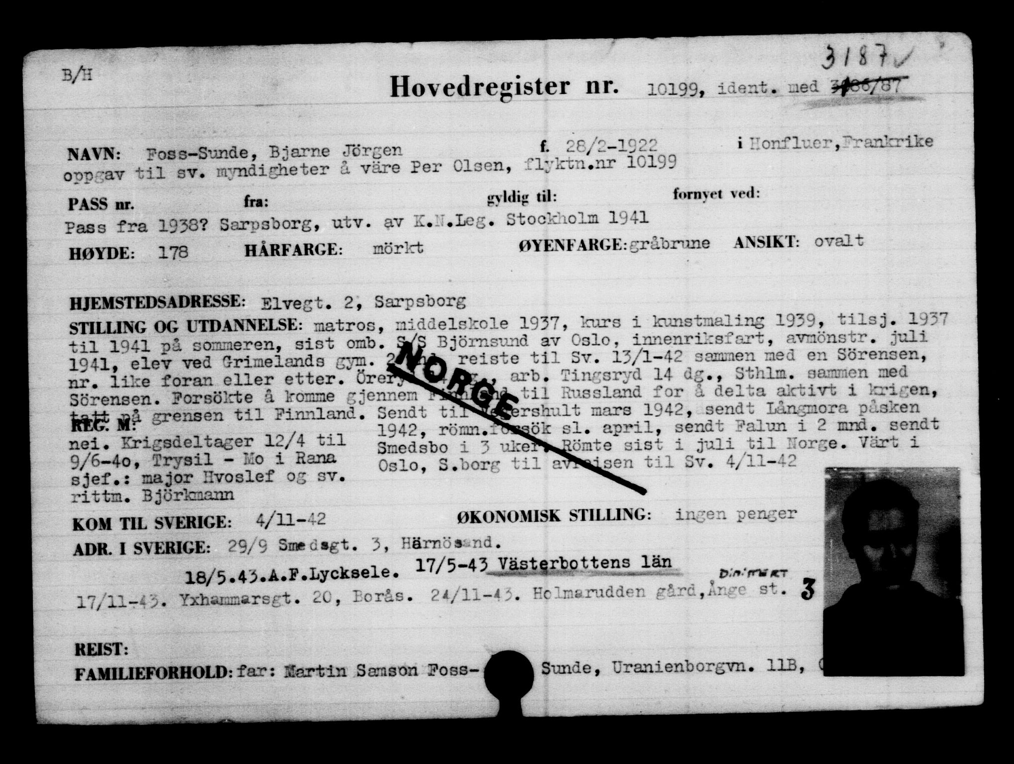 Utenriksstasjonene, Legasjonen i Stockholm, Flyktningkontoret, AV/RA-S-6753/V/Va/L0006: Kjesäterkartoteket, flyktninger med registreringsnr. 9400-12711, 1940-1945, s. 918