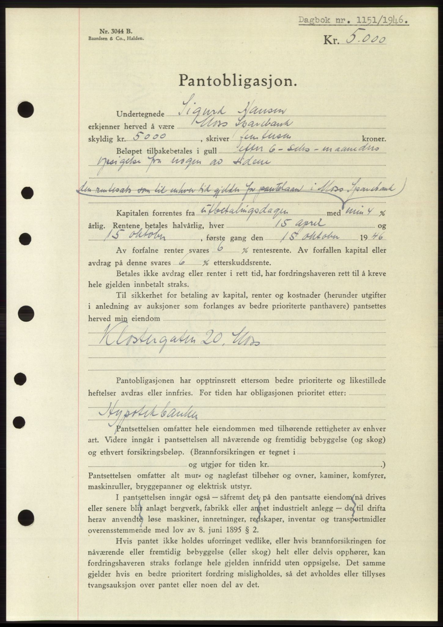 Moss sorenskriveri, SAO/A-10168: Pantebok nr. B15, 1946-1946, Dagboknr: 1151/1946