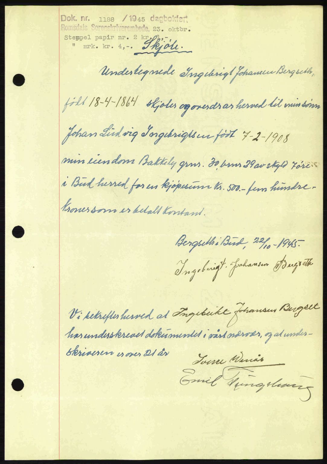 Romsdal sorenskriveri, SAT/A-4149/1/2/2C: Pantebok nr. A18, 1945-1945, Dagboknr: 1188/1945