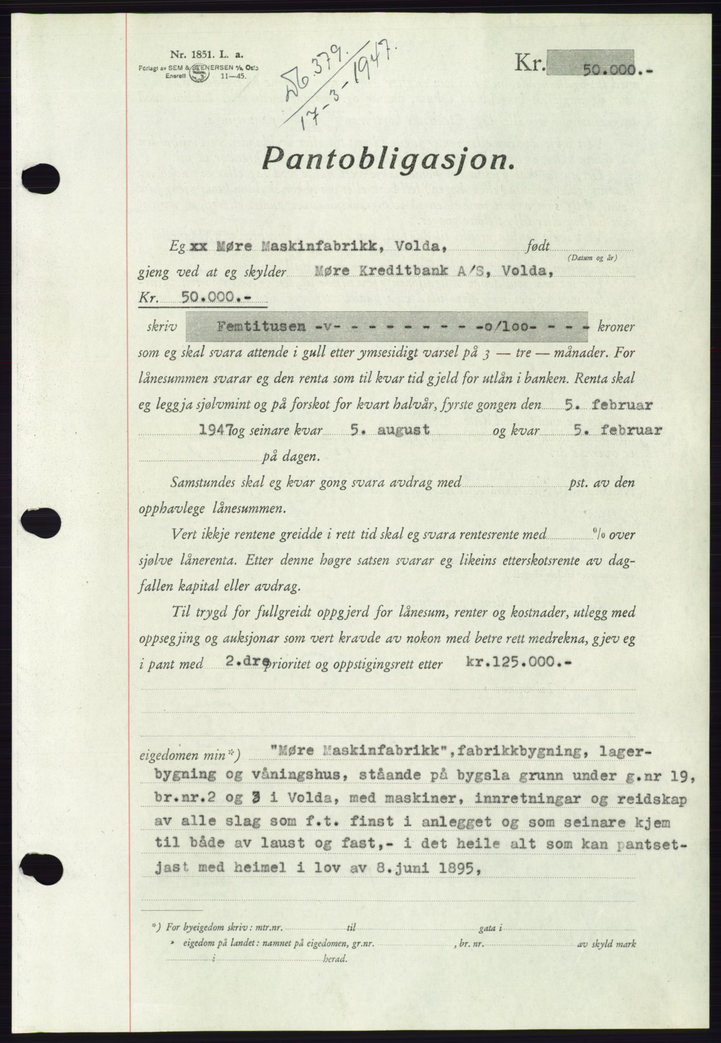 Søre Sunnmøre sorenskriveri, AV/SAT-A-4122/1/2/2C/L0114: Pantebok nr. 1-2B, 1943-1947, Dagboknr: 379/1947