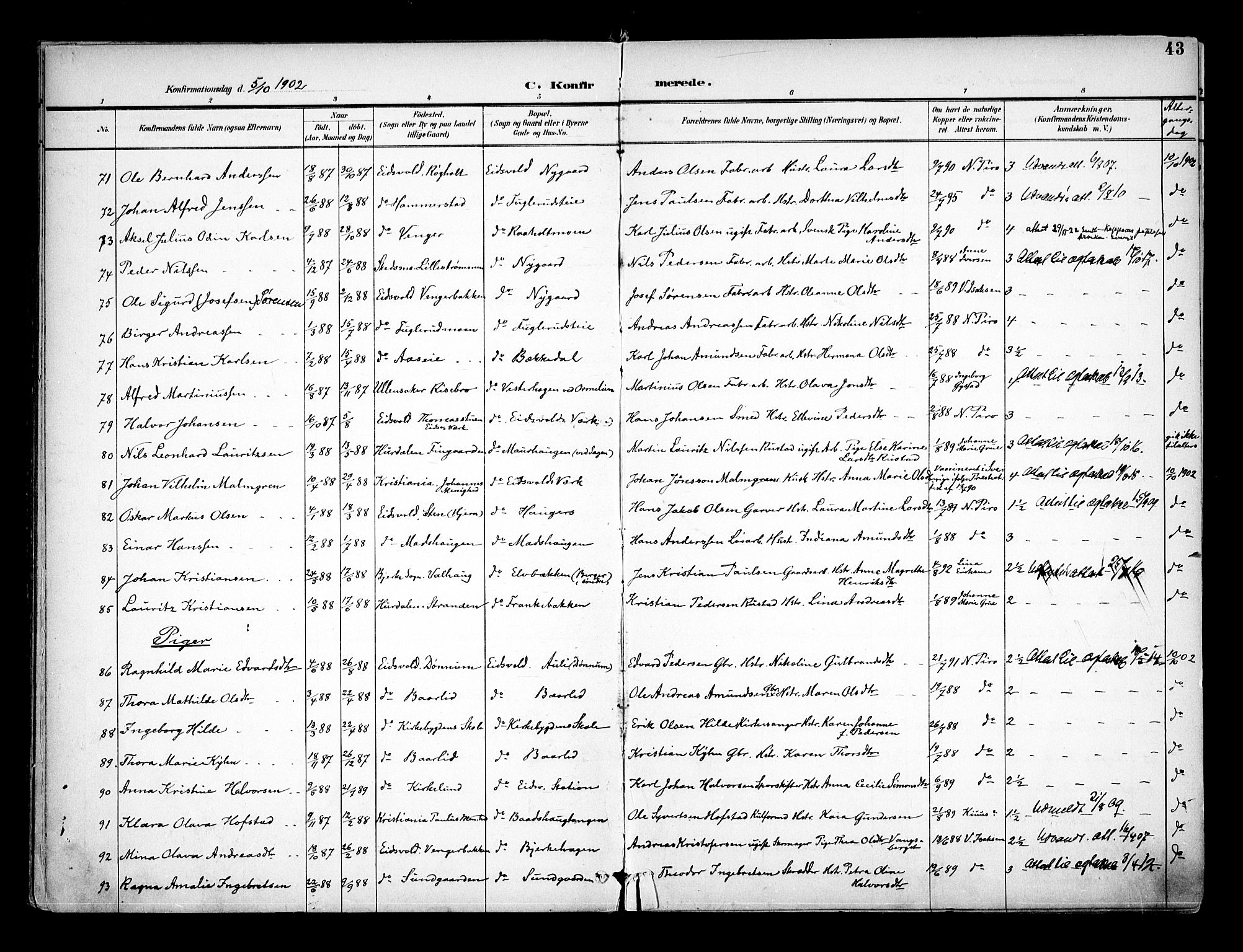 Eidsvoll prestekontor Kirkebøker, AV/SAO-A-10888/F/Fa/L0005: Ministerialbok nr. I 5, 1896-1906, s. 43