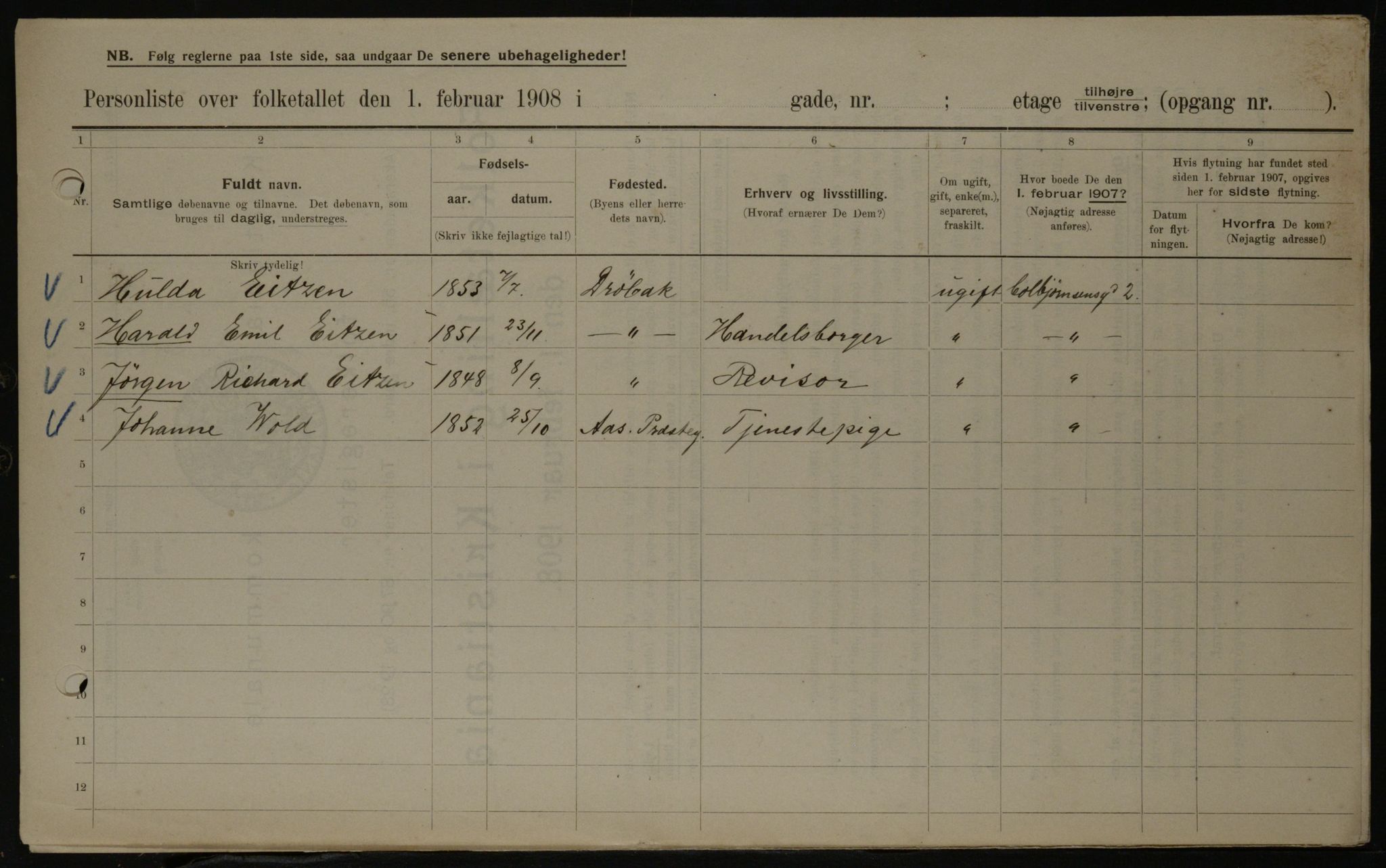 OBA, Kommunal folketelling 1.2.1908 for Kristiania kjøpstad, 1908, s. 12082