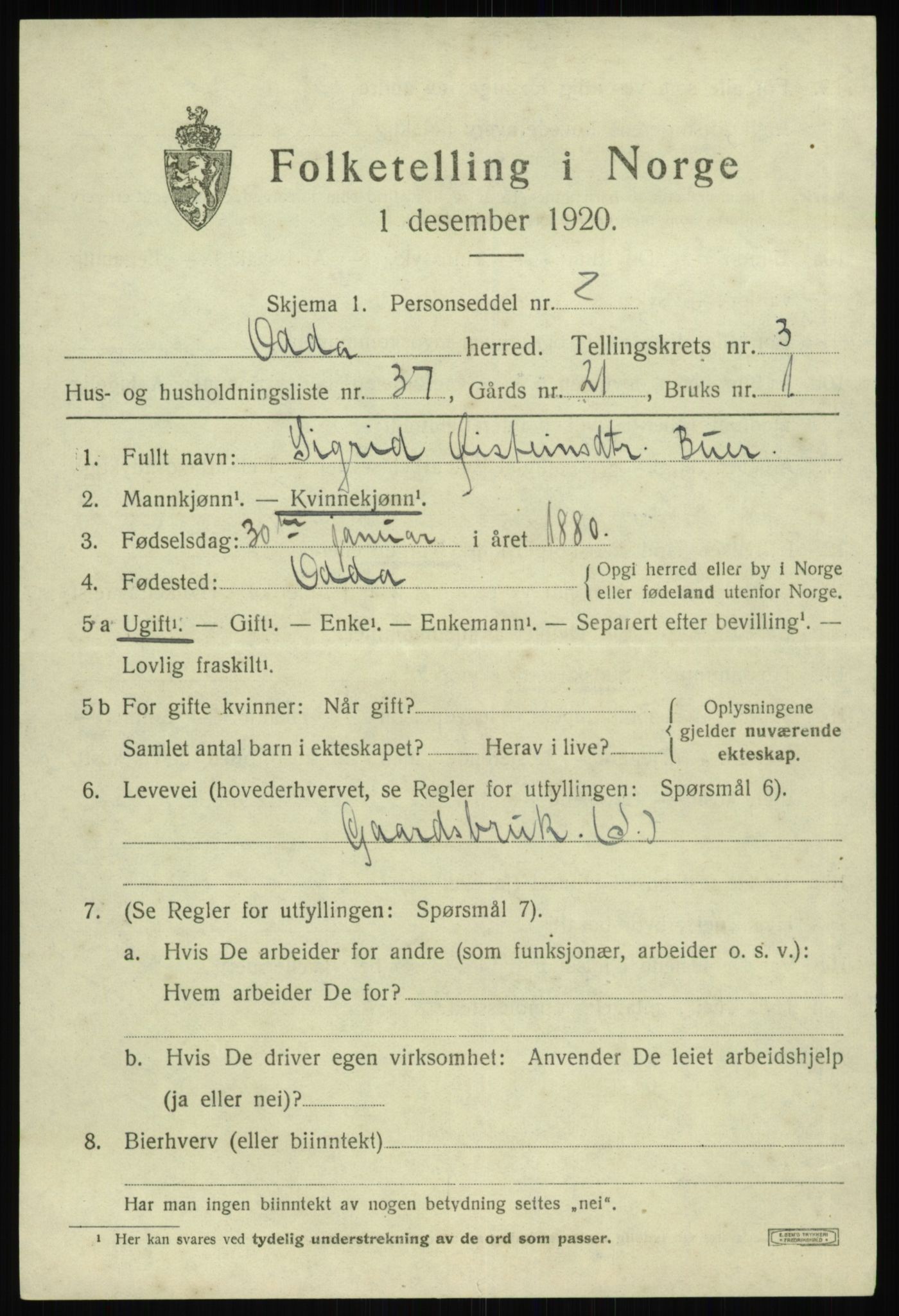 SAB, Folketelling 1920 for 1228 Odda herred, 1920, s. 2569