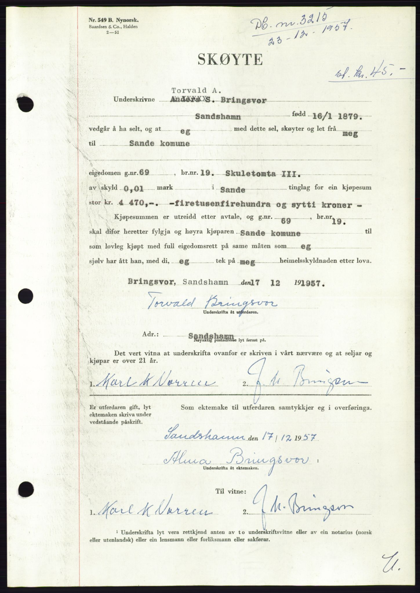 Søre Sunnmøre sorenskriveri, AV/SAT-A-4122/1/2/2C/L0108: Pantebok nr. 34A, 1957-1958, Dagboknr: 3215/1957