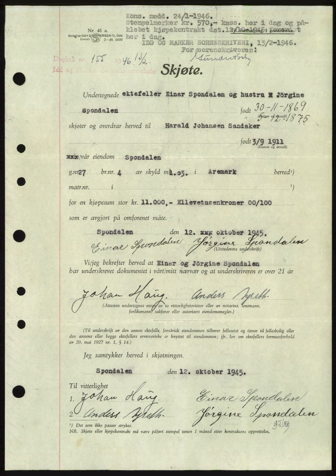 Idd og Marker sorenskriveri, AV/SAO-A-10283/G/Gb/Gbb/L0008: Pantebok nr. A8, 1946-1946, Dagboknr: 155/1946