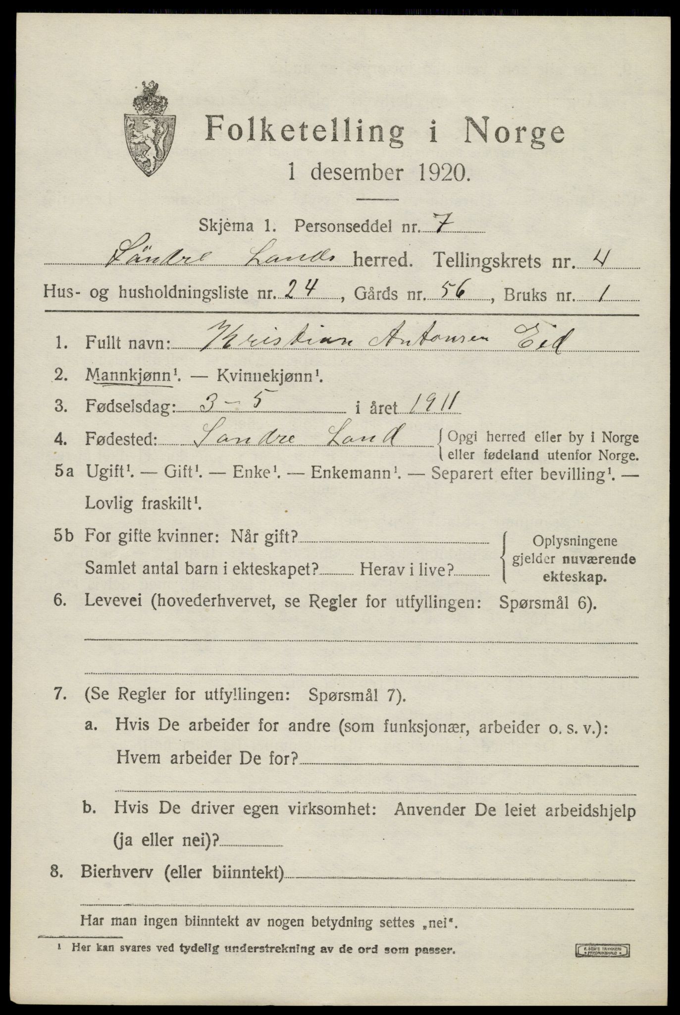 SAH, Folketelling 1920 for 0536 Søndre Land herred, 1920, s. 4989