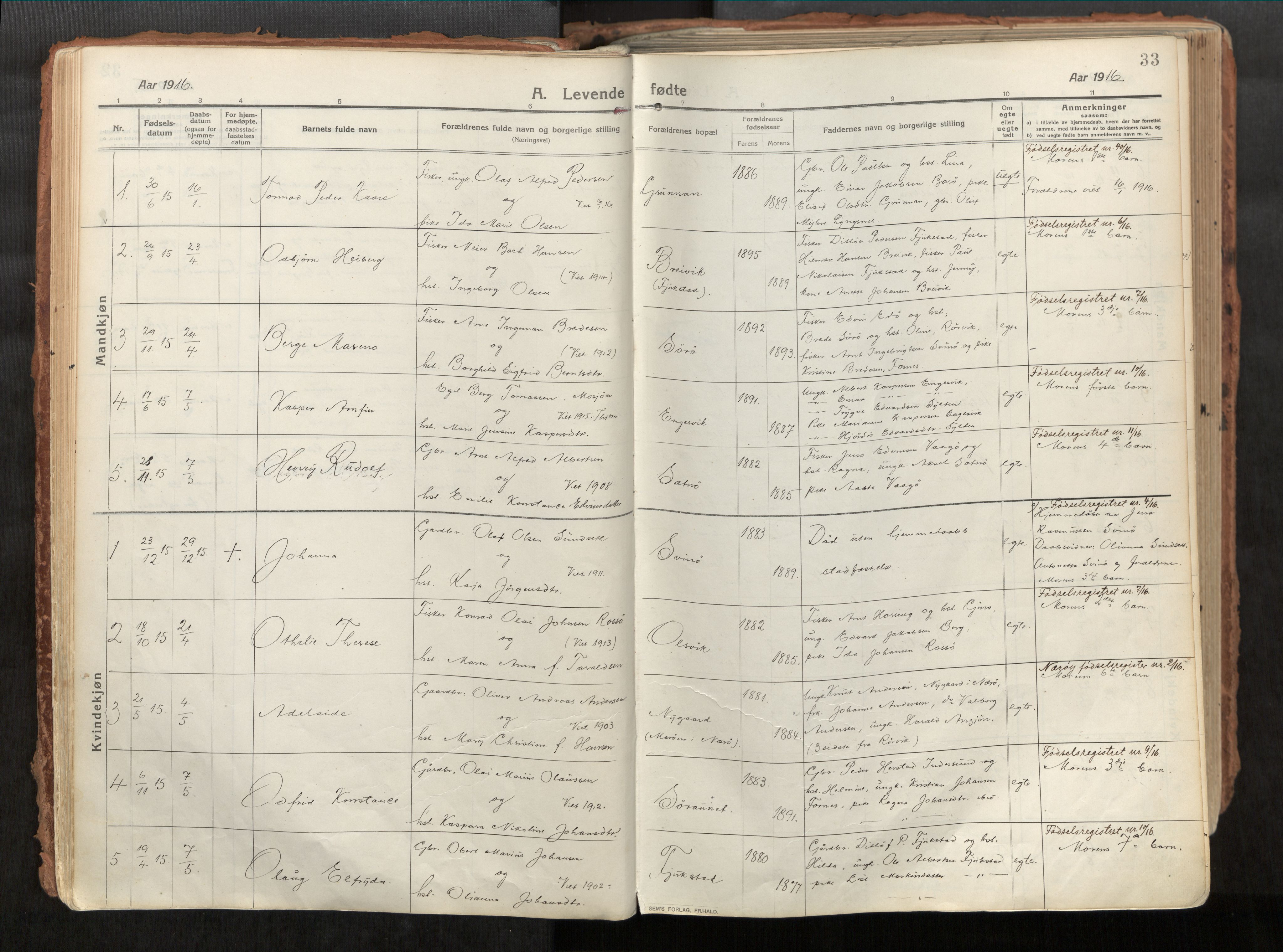 Vikna sokneprestkontor, AV/SAT-A-1173/1/I/I1/I1a/L0001: Ministerialbok nr. 1, 1913-1934, s. 33