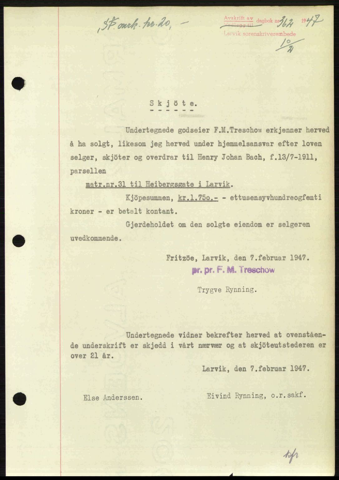 Larvik sorenskriveri, SAKO/A-83/G/Ga/Gab/L0083: Pantebok nr. A-17, 1946-1947, Dagboknr: 362/1947